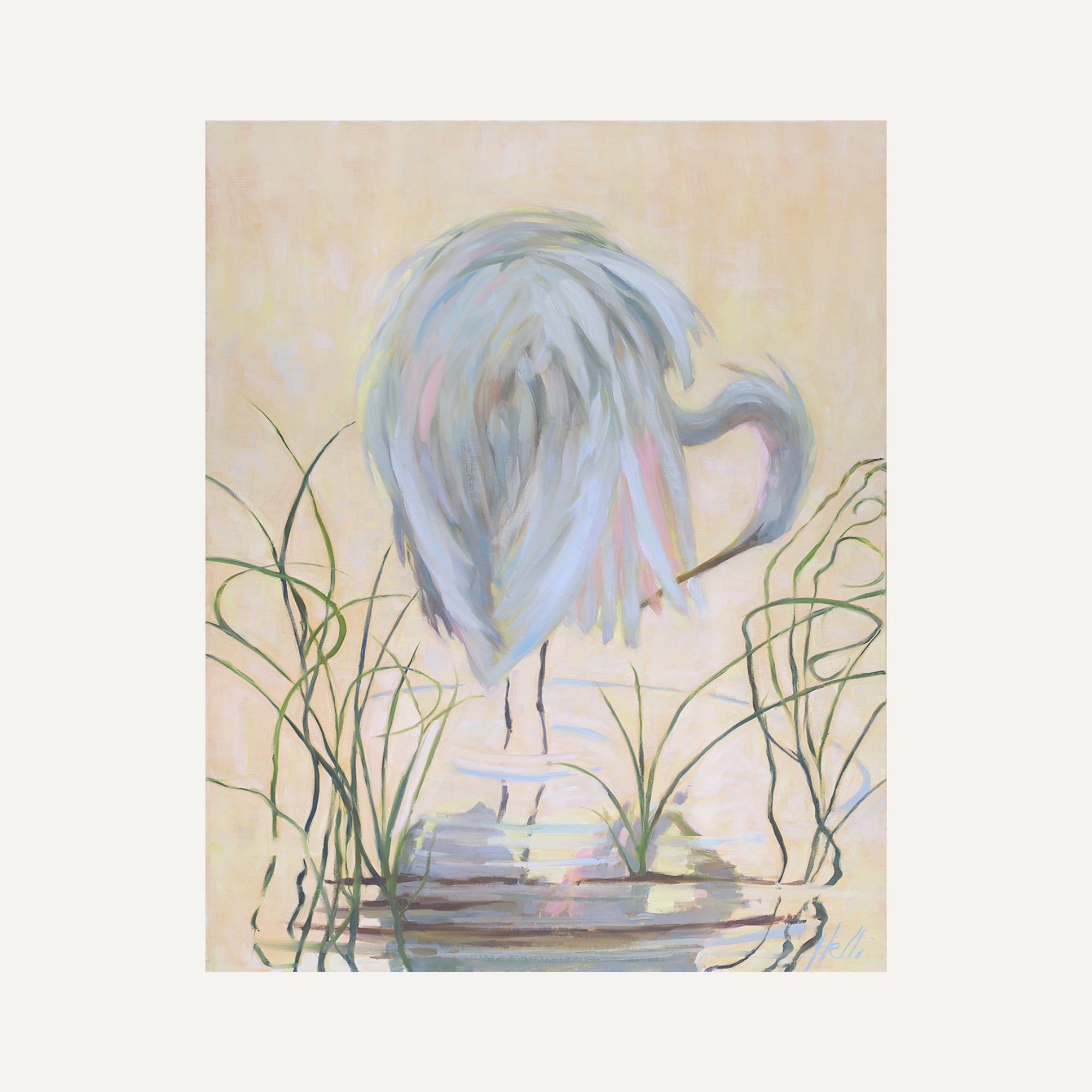 Painting of a heron in a natural setting with grass and water.