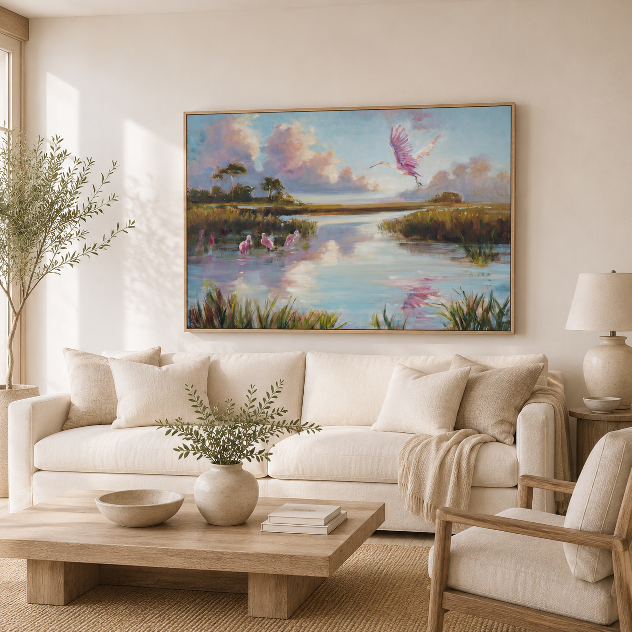 Join The Party roseate spoonbill artwork in an elegant coastal living room