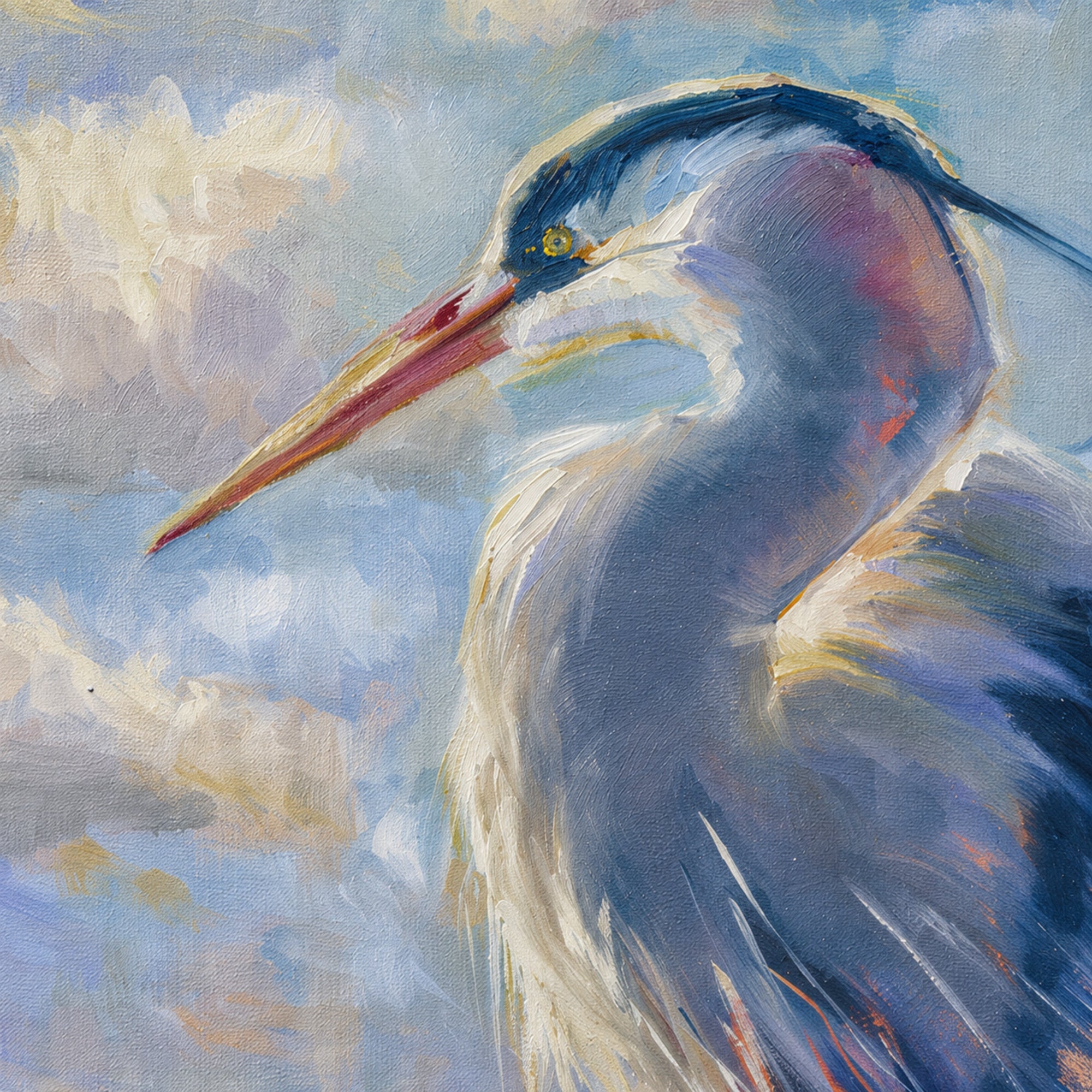 An impressionistic oil painting of a heron in profile, rendered in shades of blue, white, gray, and soft orange against a cloudy sky background.