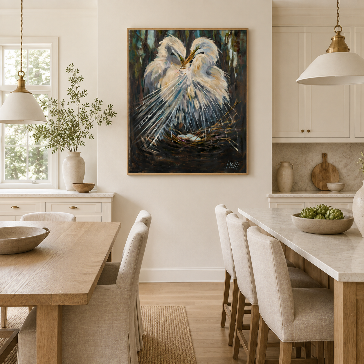 Vertical white egret artwork styled in a refined coastal kitchen