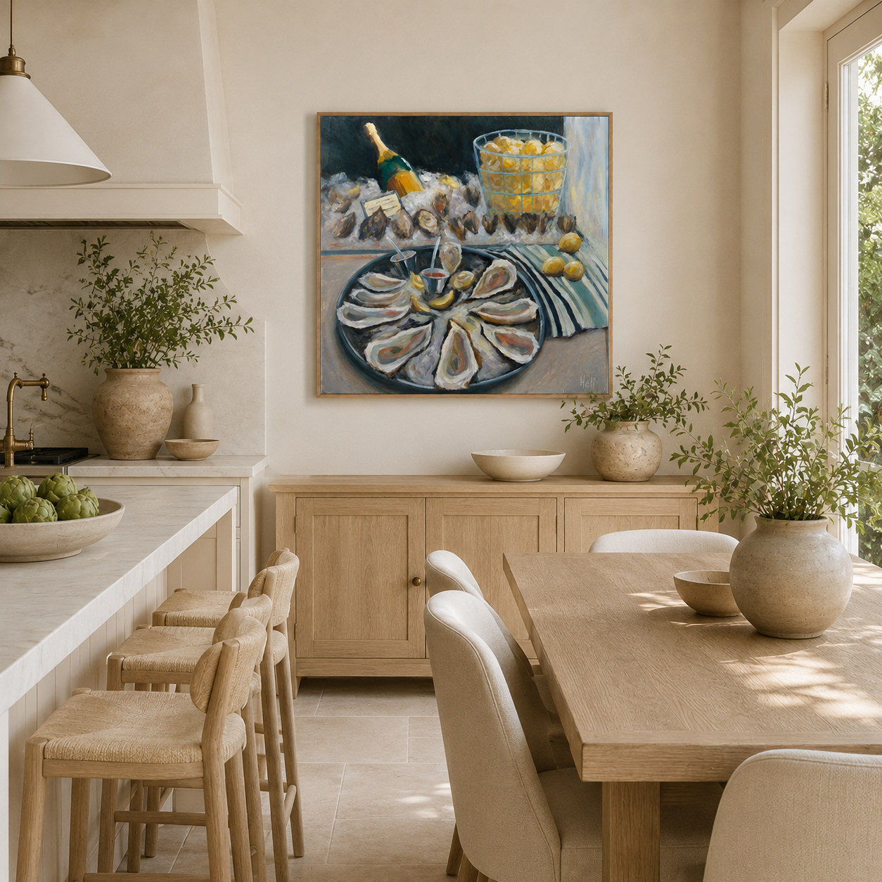 Oyster and champagne art print displayed in a refined coastal kitchen