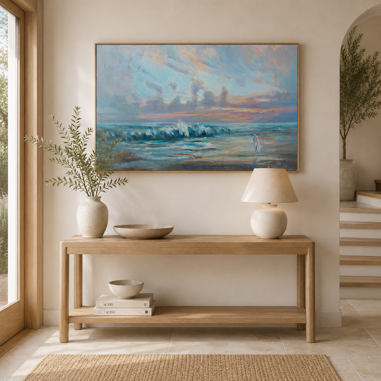 Keeping Watch beach bird art displayed in an elegant entryway