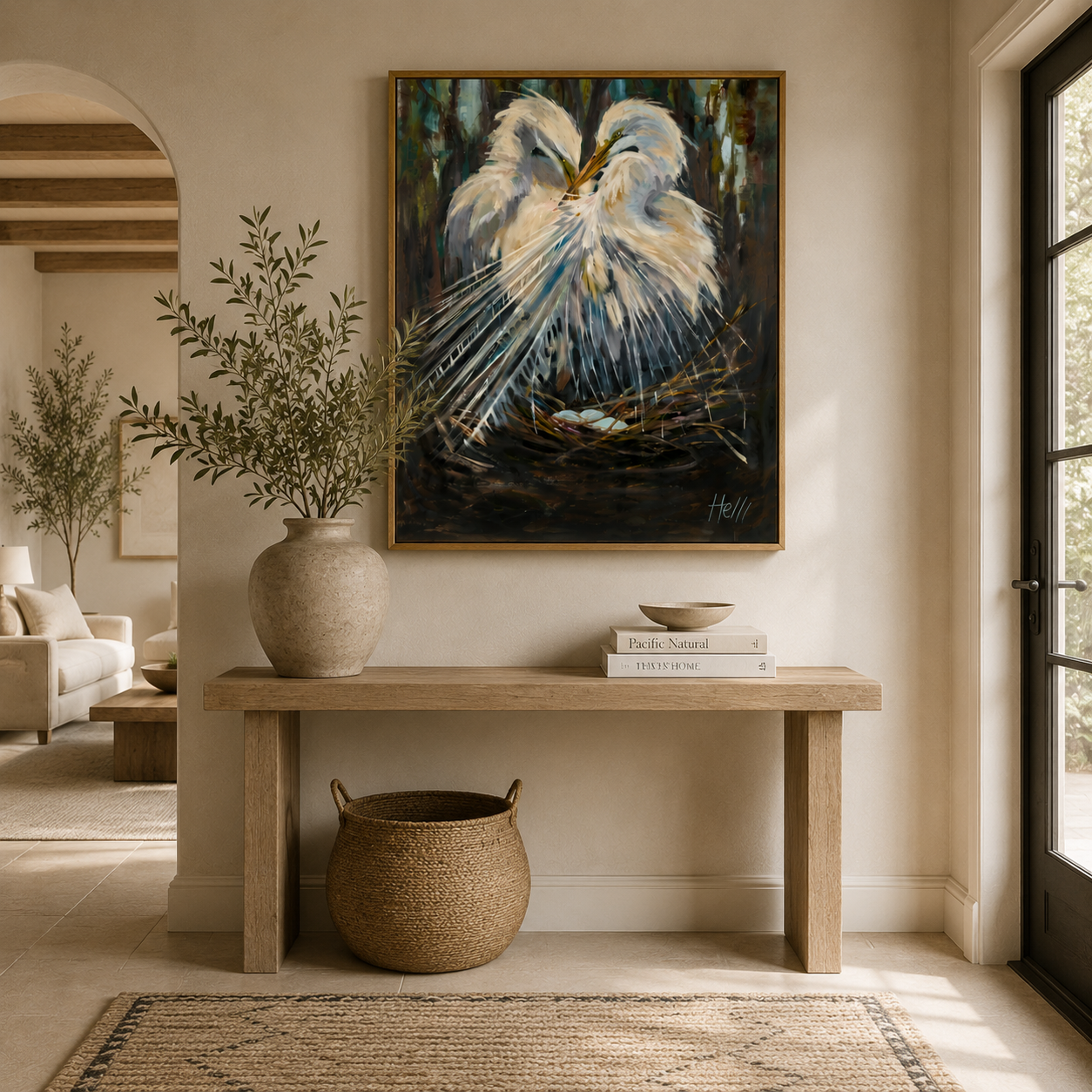 Love Birds coastal bird art displayed in an elegant entryway