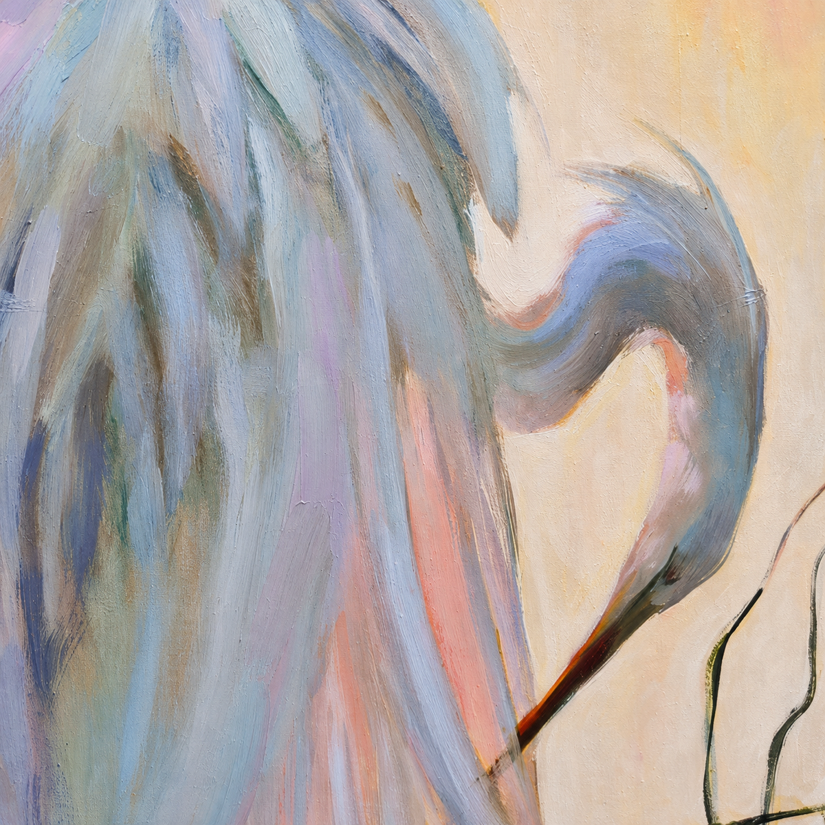Close up of painting of a heron in profile, rendered with expressive brushstrokes in pale blue, lavender, peach, and gray against a soft cream background.