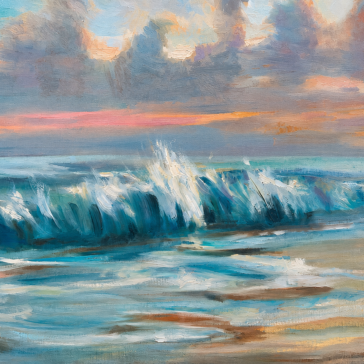 Close-up of expressive ocean wave brushwork in Keeping Watch