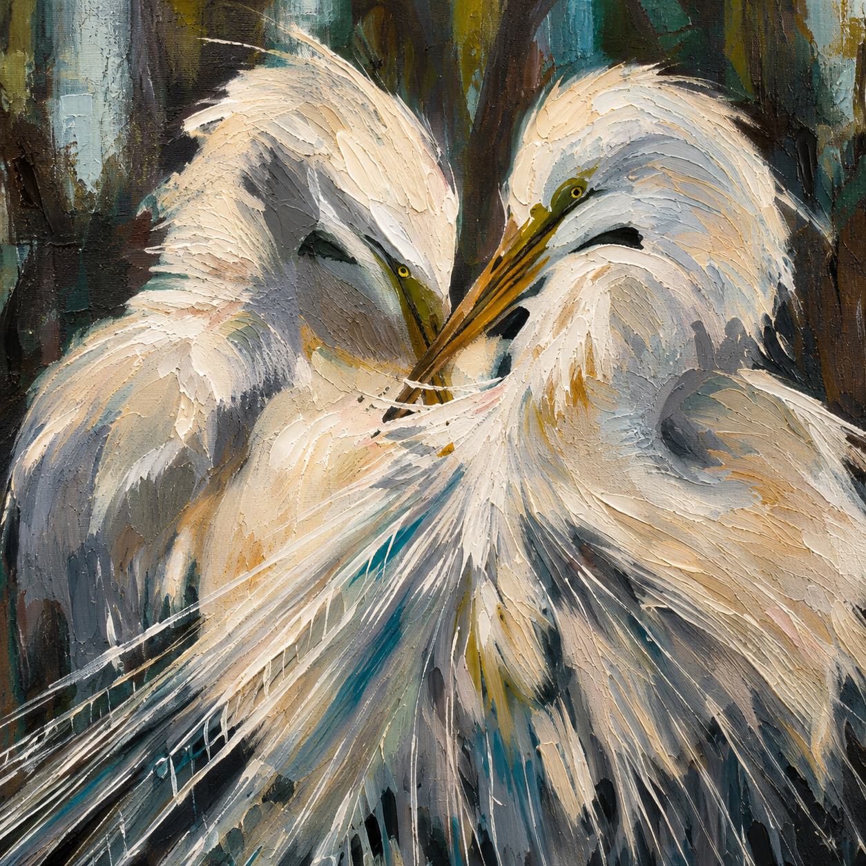 Close-up of expressive white egret feathers in Love Birds