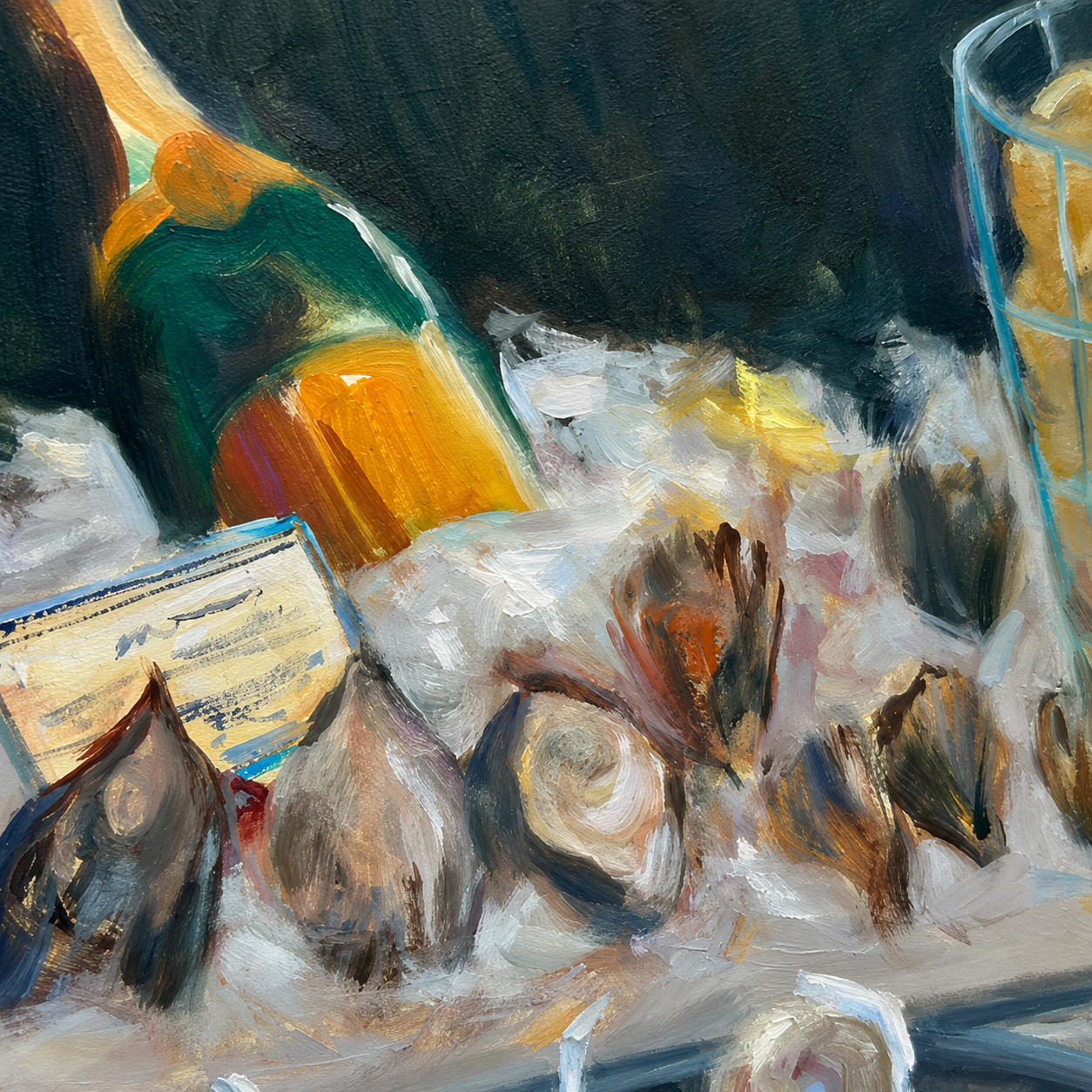 Close-up of expressive oyster and champagne brushwork in Pearl Dive