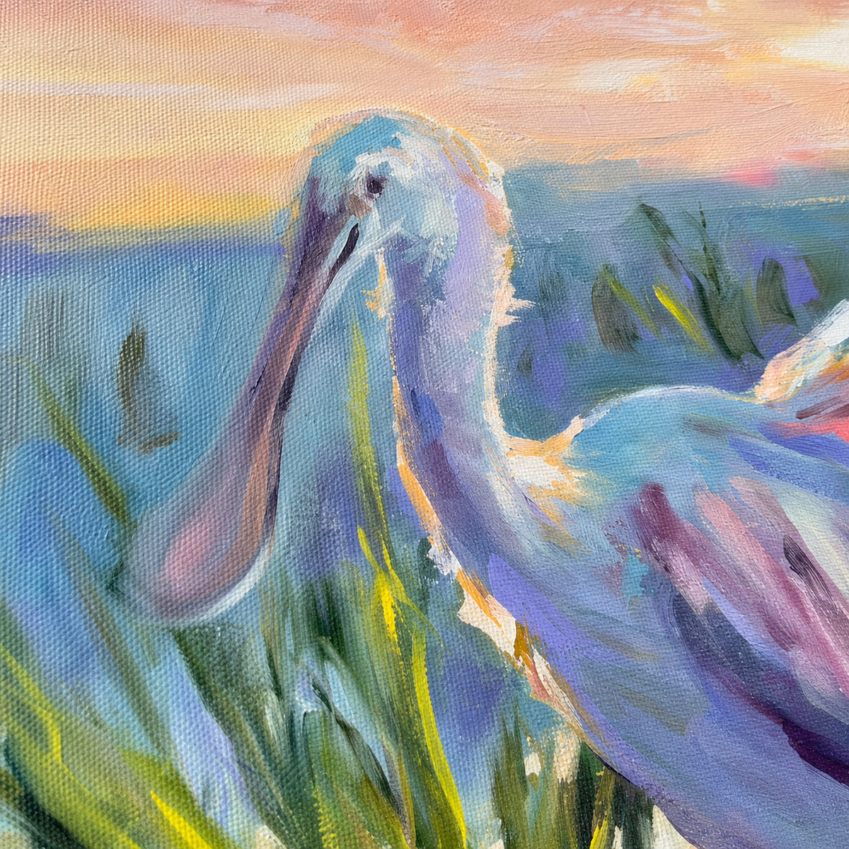 An impressionistic painting of a large pink spoonbill, standing among green and yellow reeds under a soft peach and blue sky.