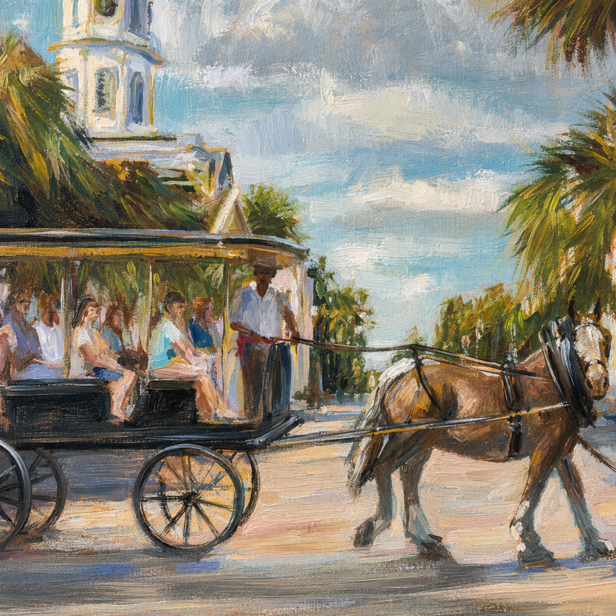 An impressionistic painting of a horse-drawn carriage traveling along a sunny coastal street, with palm trees, a white steeple building, and passengers visible inside the carriage.