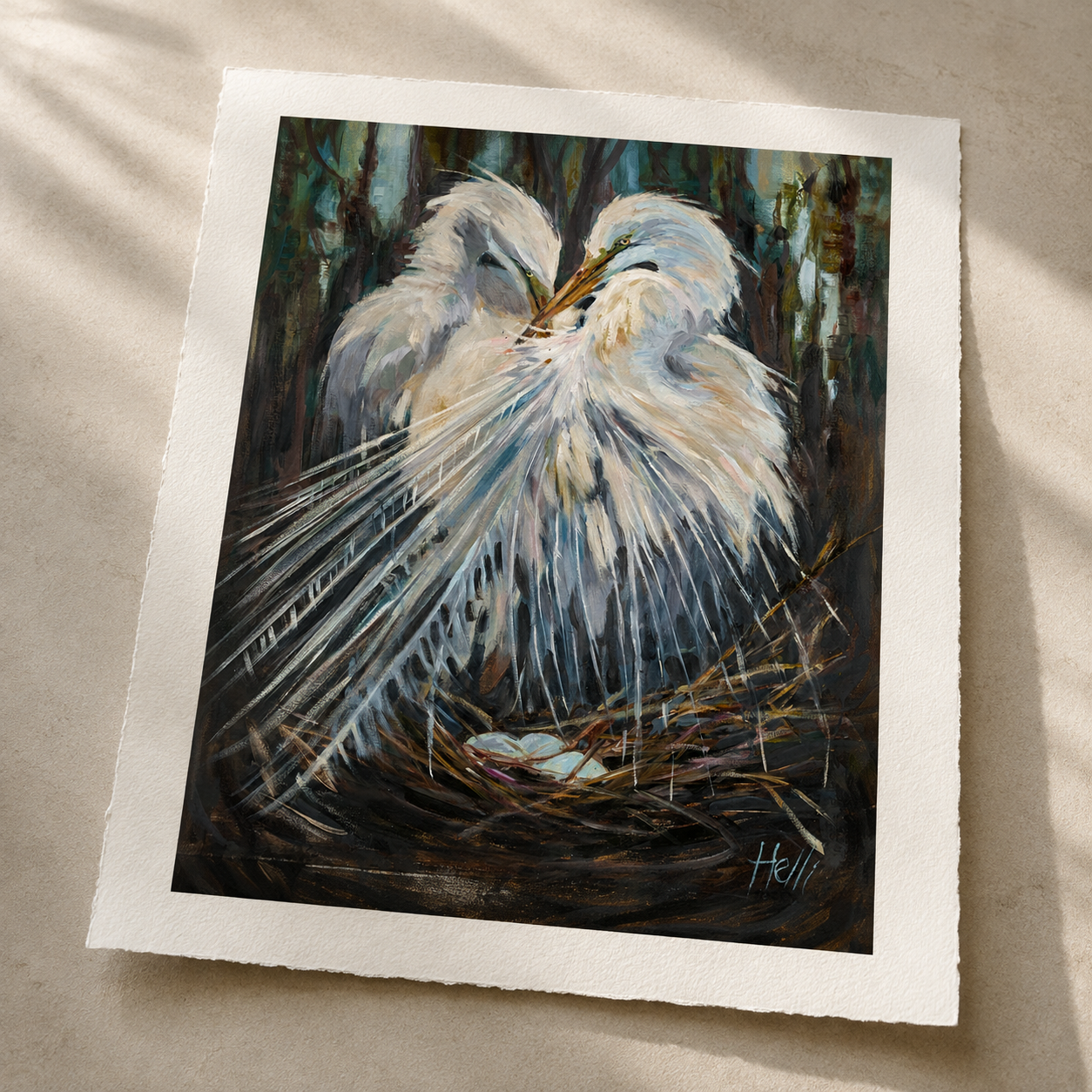 Love Birds nesting egret reproduction printed on fine art paper