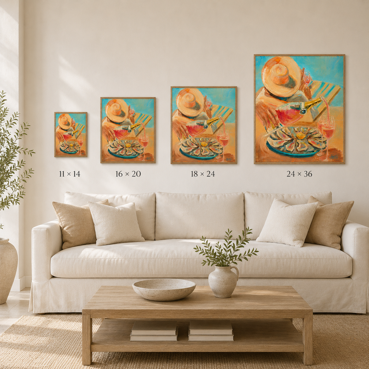Beach Party vertical art print size comparison above a neutral sofa