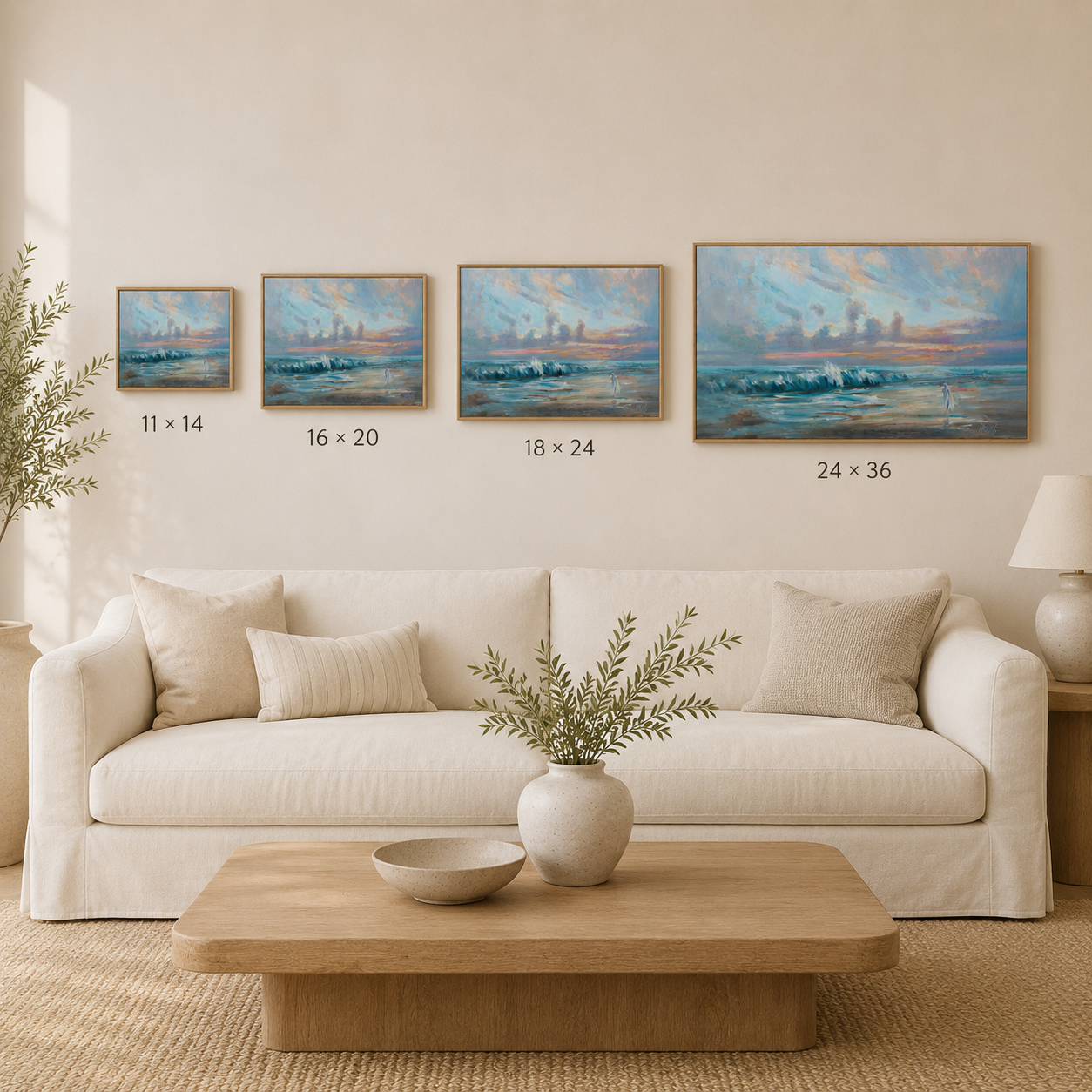 Keeping Watch horizontal art print size comparison above a neutral sofa