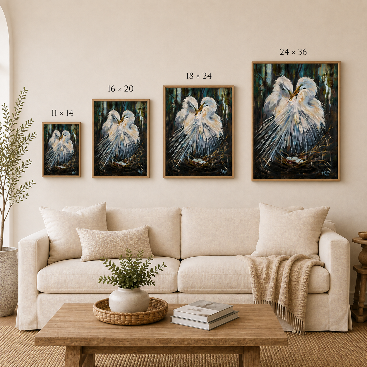 Love Birds vertical art print size comparison above a neutral sofa