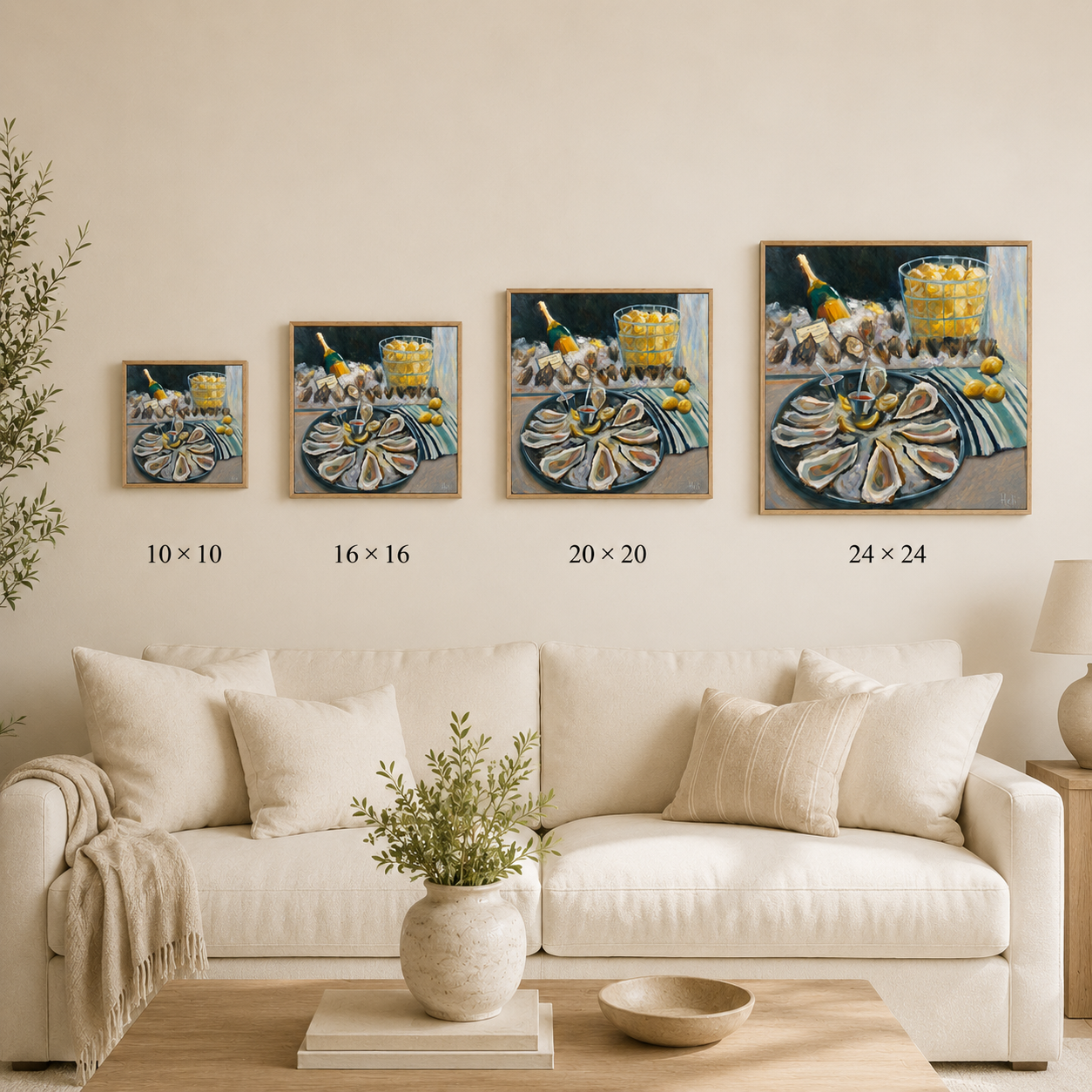 Pearl Dive vertical art print size comparison above a neutral sofa