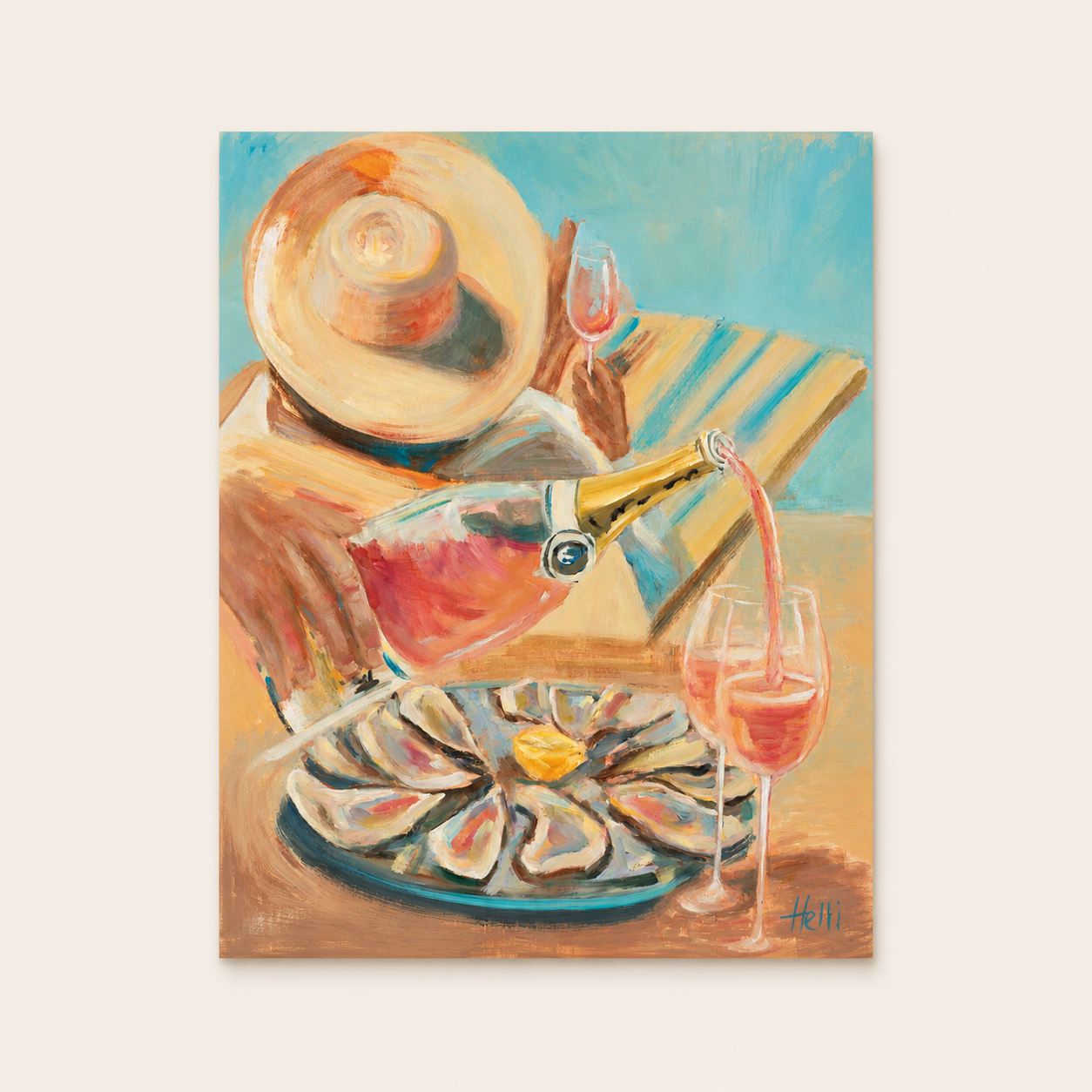 Beach Party champagne and oyster art print by Helli Luck
