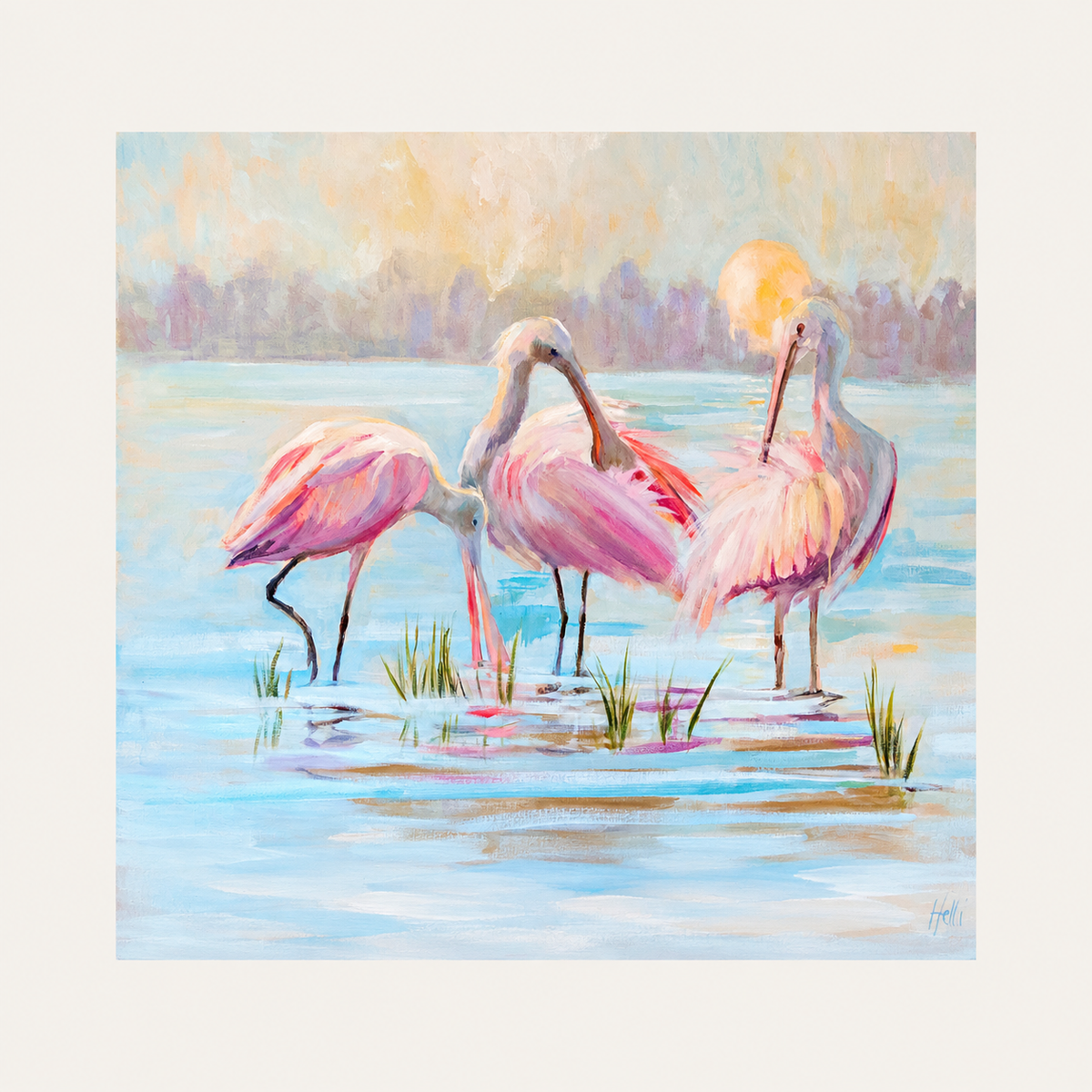 A square art print depicting three pink flamingos standing in shallow blue water under a warm yellow sky be Helli Luck.