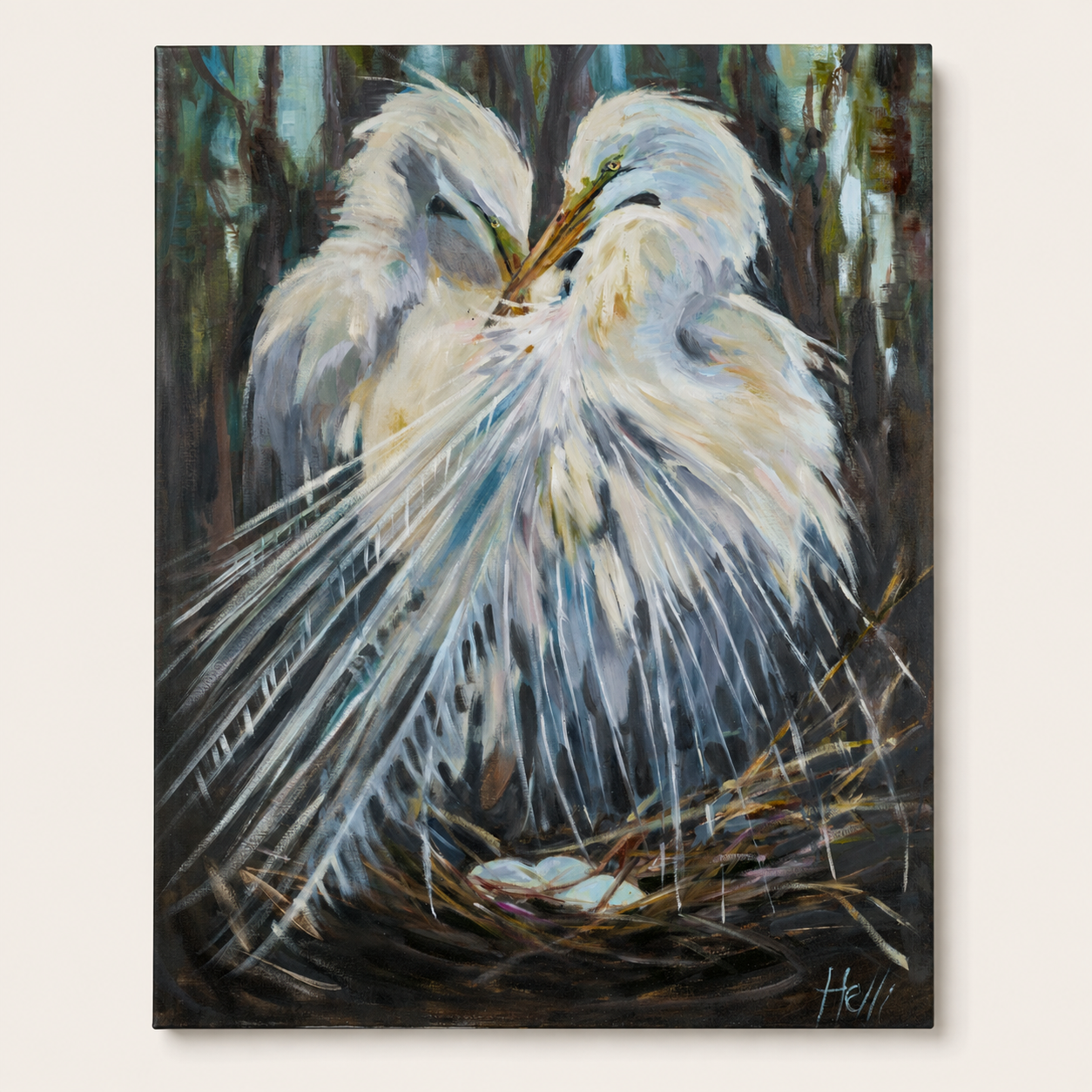 Love Birds nesting egret art print by Helli Luck

