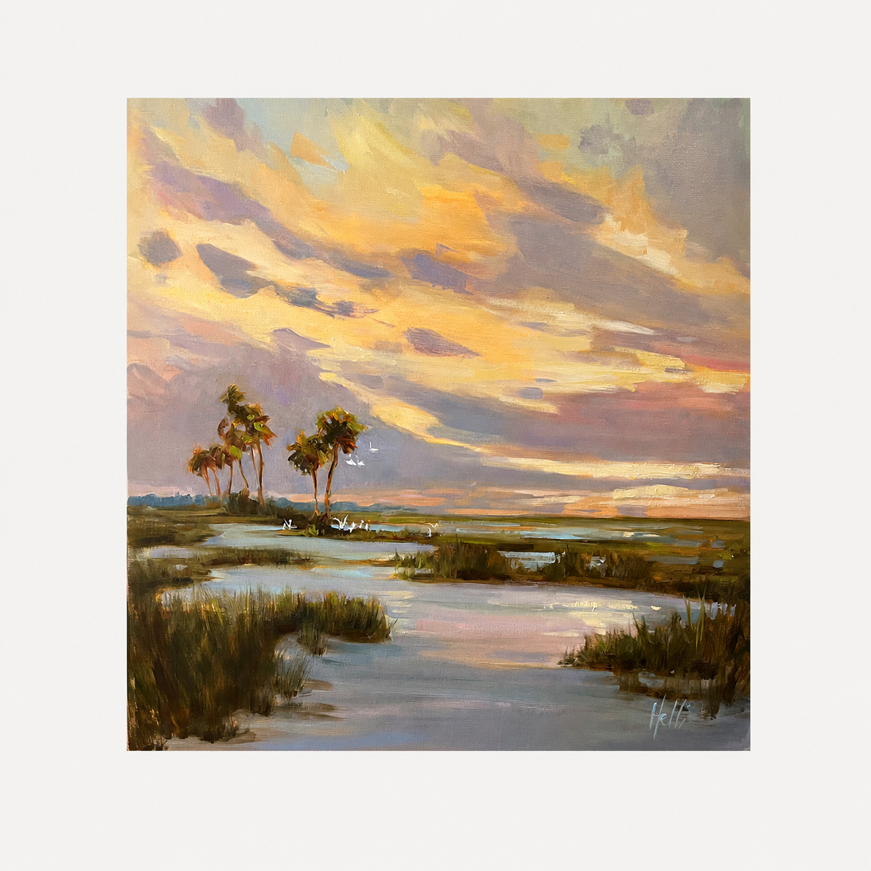 An oil painting of a coastal marshland landscape at sunset by Helli Luck.