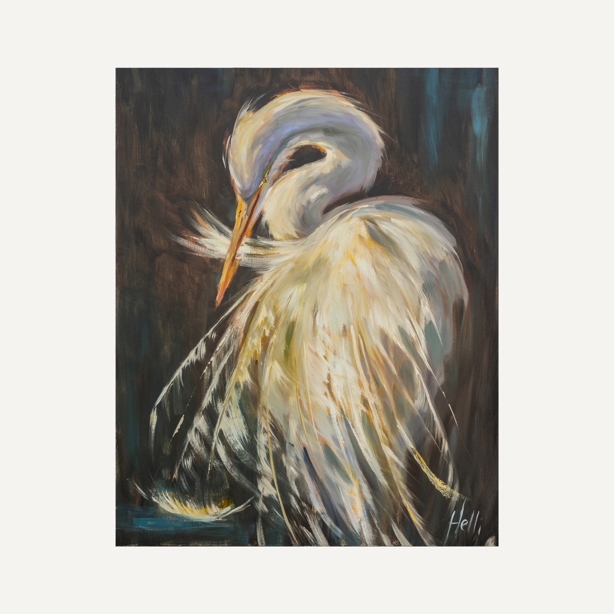 An oil painting of a white egret with a yellow beak, set against a dark textured background, presented on a light beige canvas.