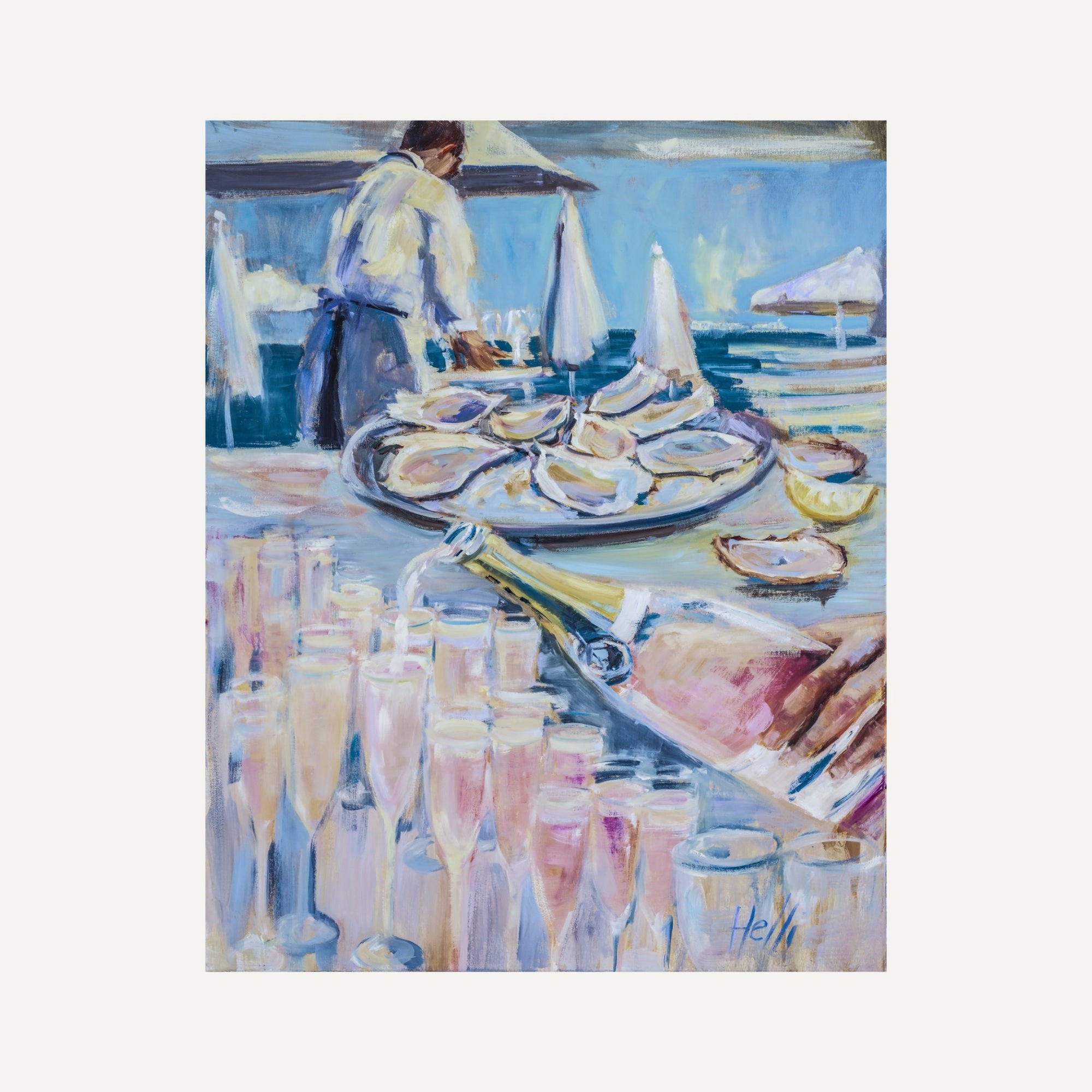Painting of a beachside oyster bar with champagne glasses and a waiter.