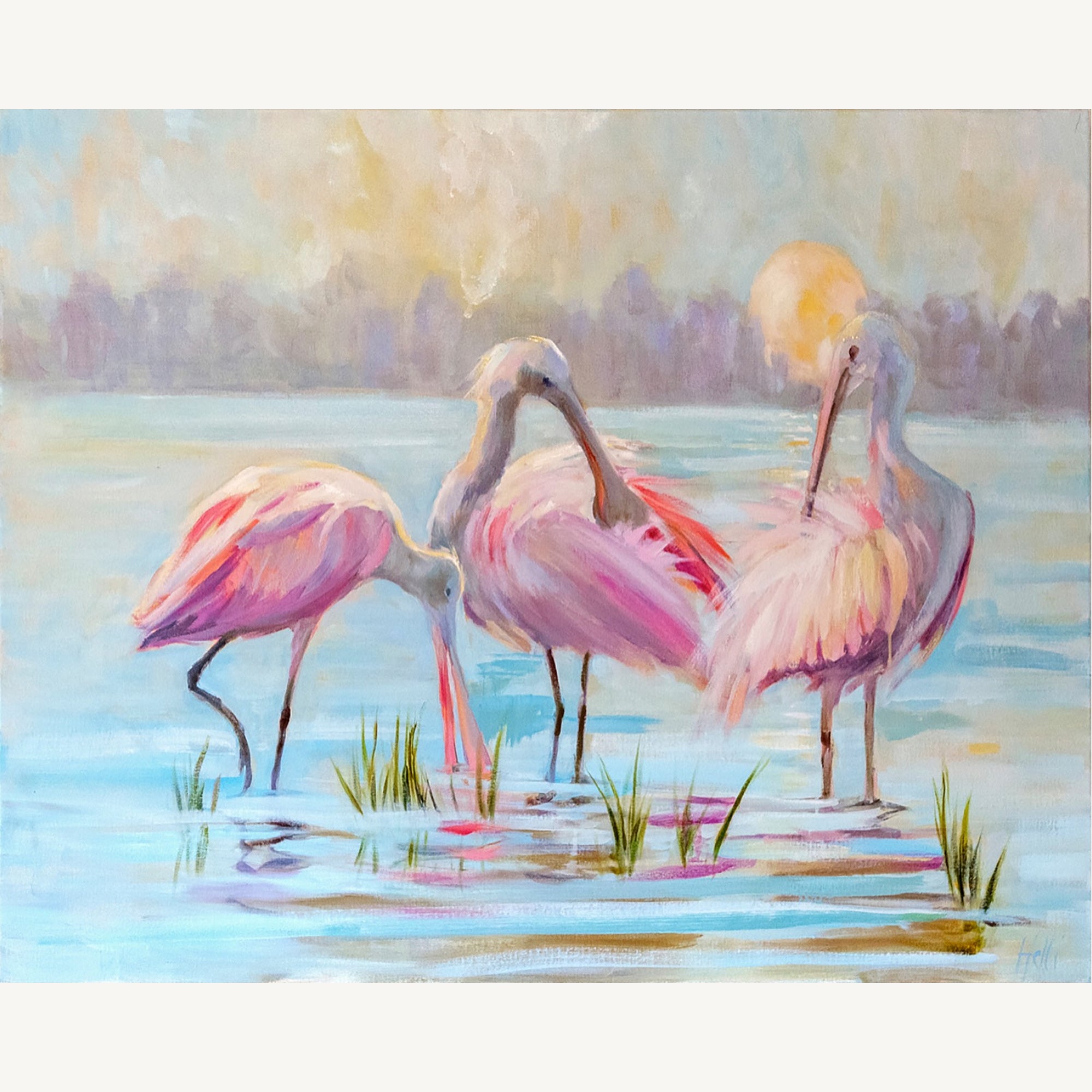 A pastel-style painting of three pink spoonbills standing in shallow water near a soft yellow sun, with a hazy shoreline in the background.