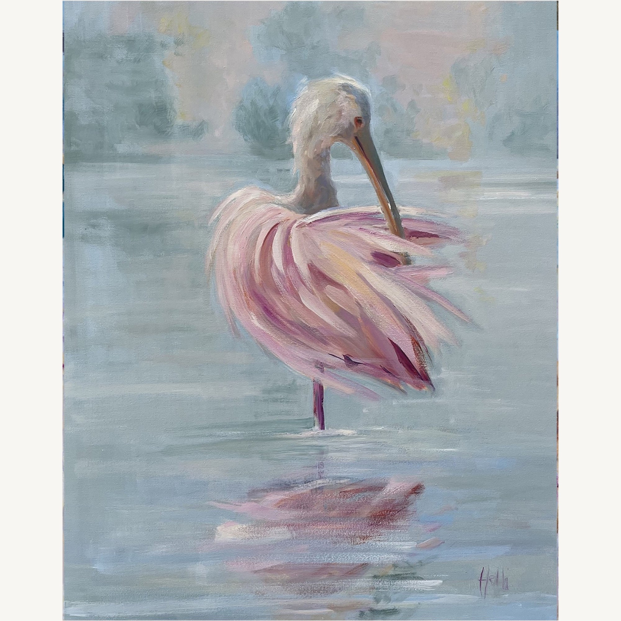 A painting of a pink spoonbill standing in calm water, with soft blue-gray reflections and a muted, painterly background.