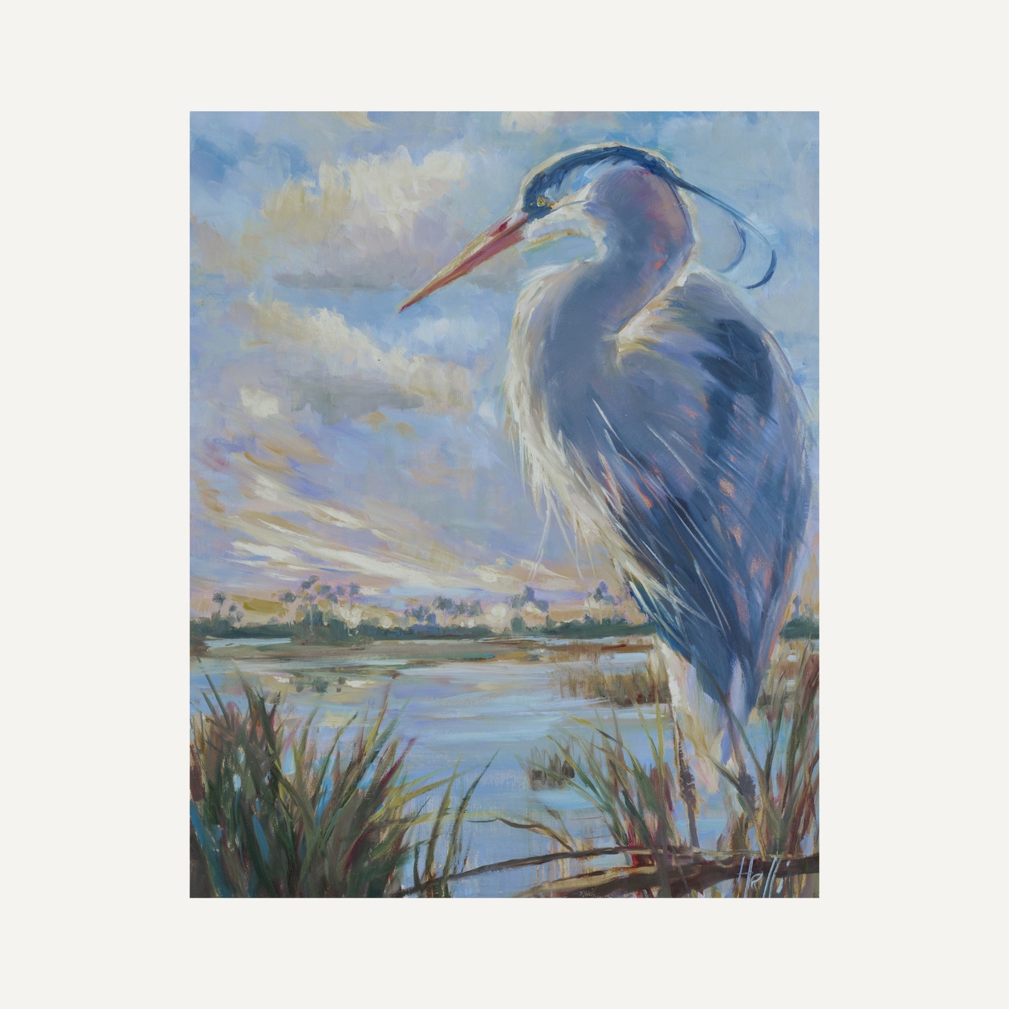 An impressionistic painting of a heron standing by a body of water under a cloudy sky, shown centered on a light beige background.