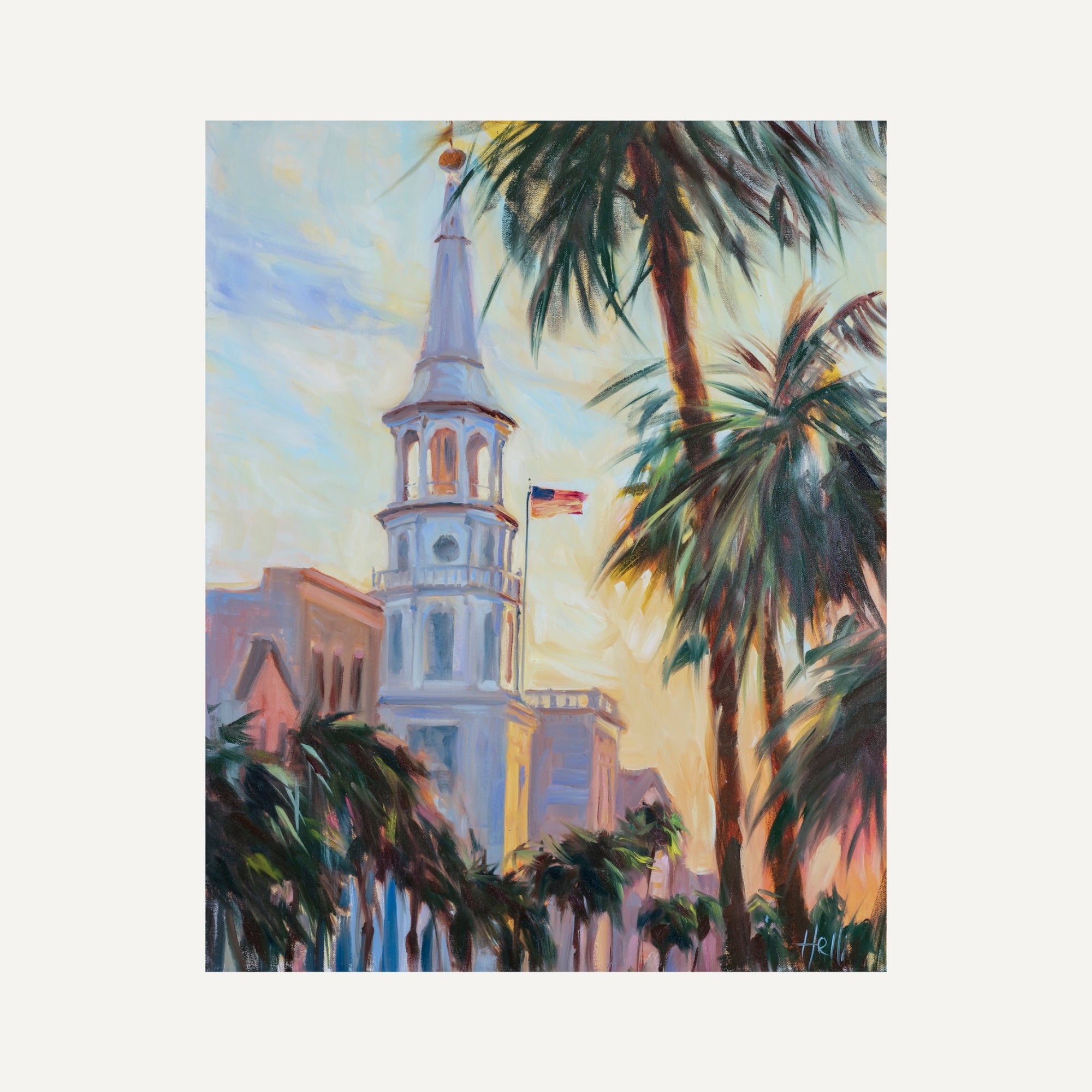 Painting of a church steeple with palm trees and a sunset sky