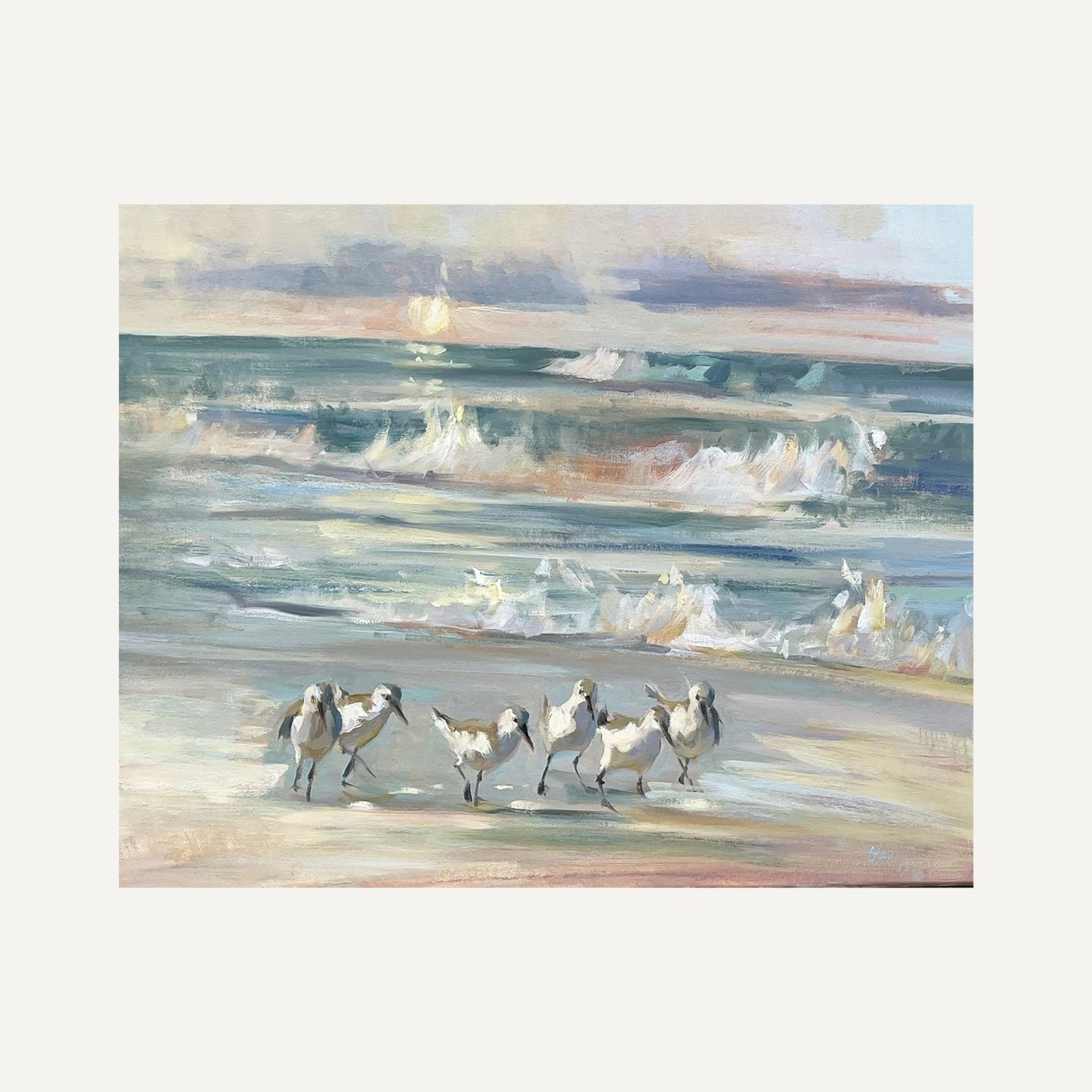 An impressionistic painting of several sandpipers walking on a beach with ocean waves and a soft cloudy sky in muted blue, beige, white, and gray tones.