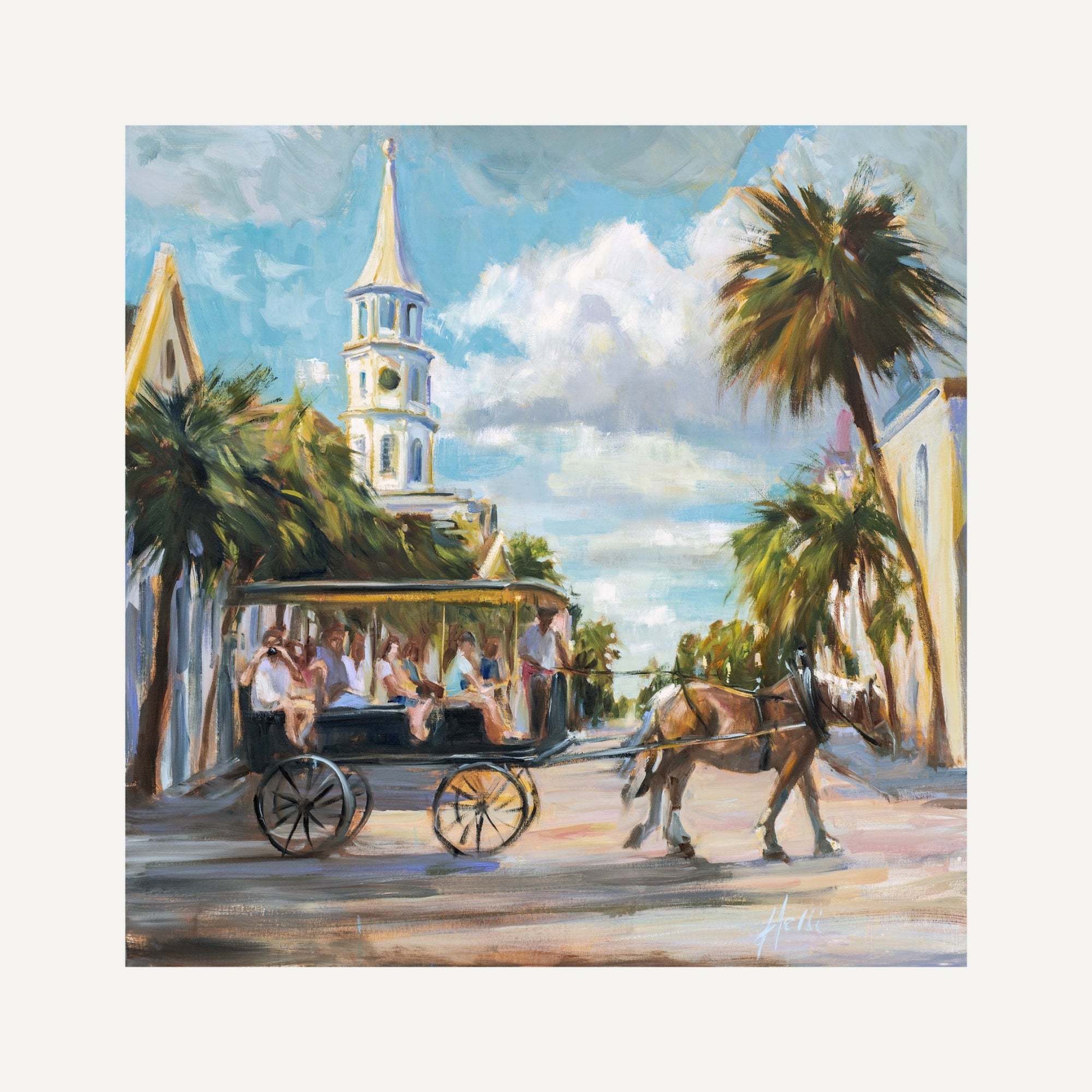 Painting of a horse-drawn carriage with people in a town setting with palm trees and a church steeple.