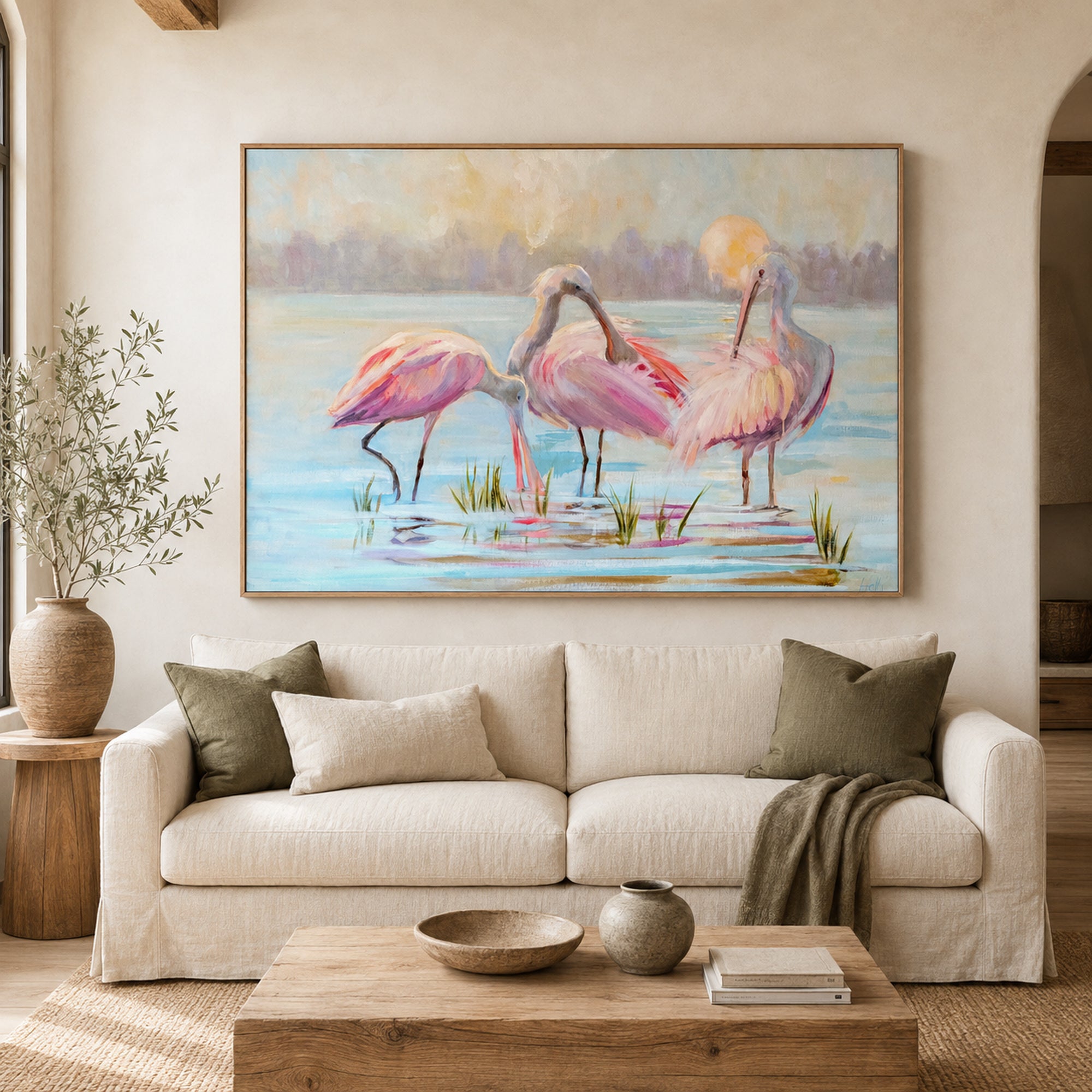 A large framed painting of three pink Spoonbills standing in shallow water hangs on a beige wall above a light cream sofa in a styled living room.