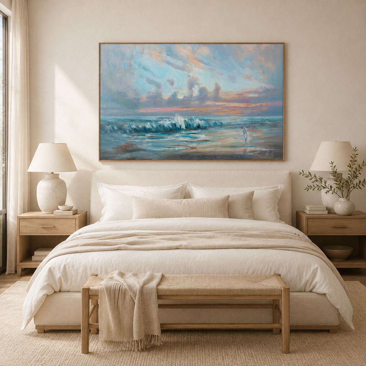 Framed egret and ocean art displayed in a peaceful neutral bedroom
