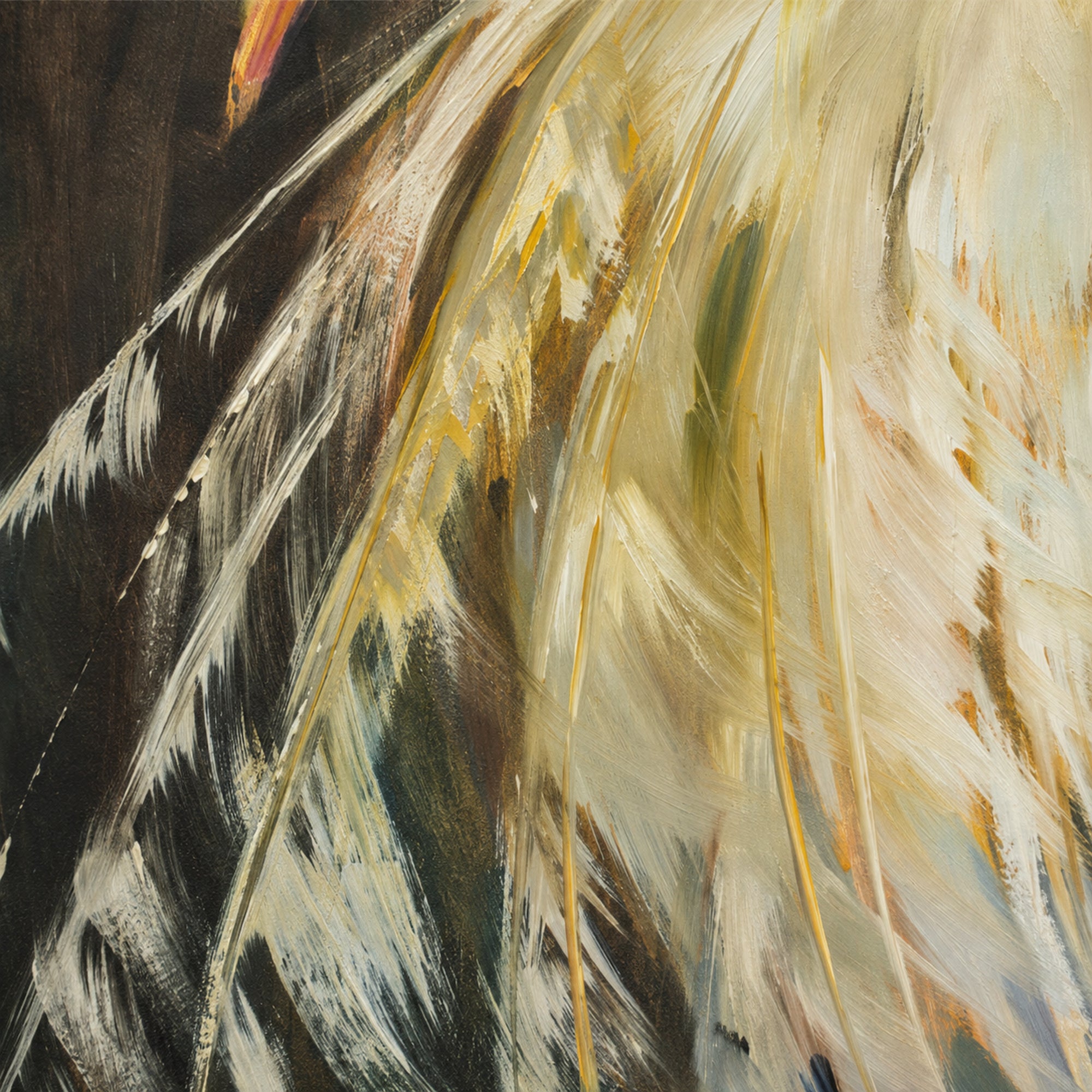 Abstract close-up painting with layered feather-like brushstrokes in cream, beige, white, brown, black, and muted olive green.