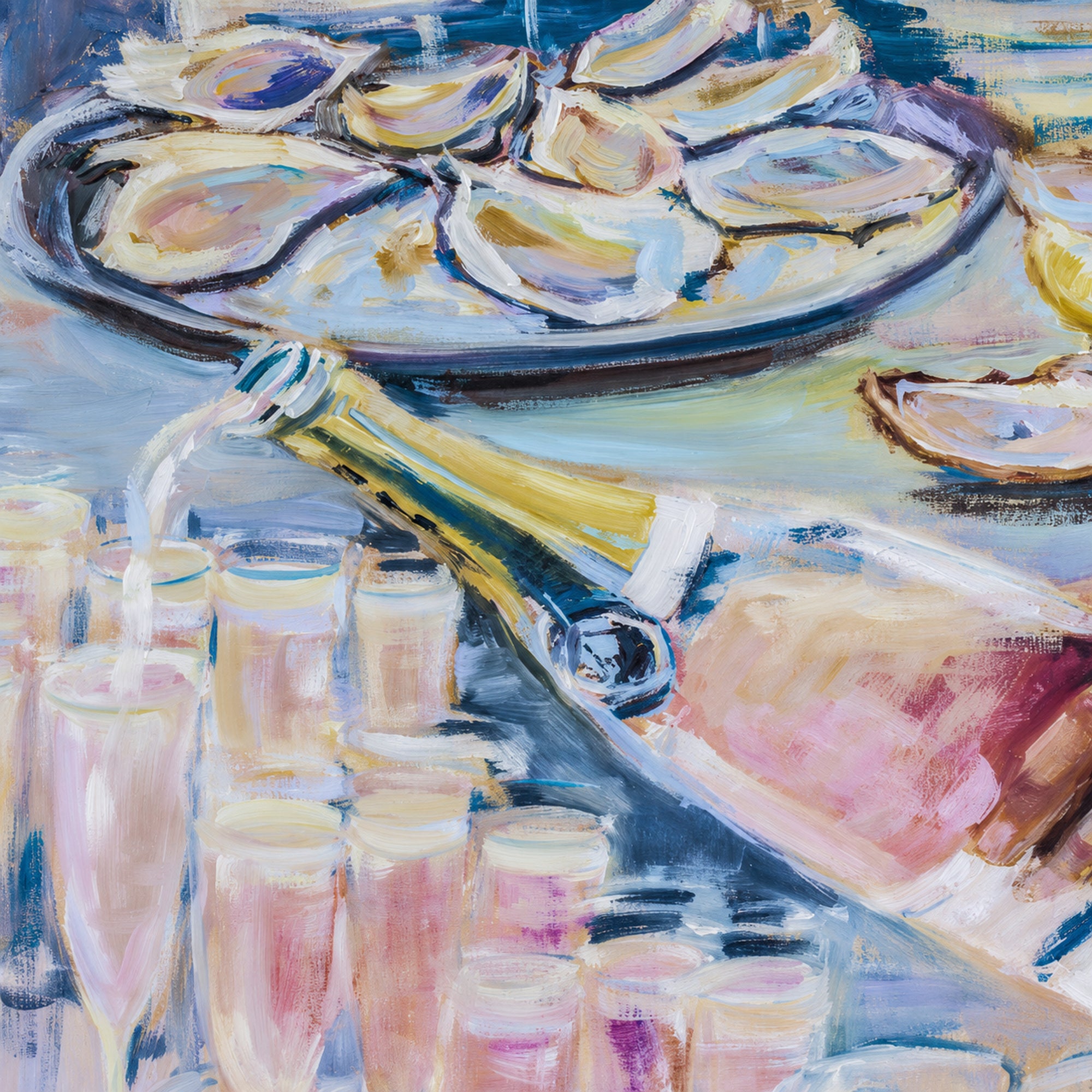 Impressionistic painting of a bottle of champagne being poured into several flutes, with a platter of oysters in the background.