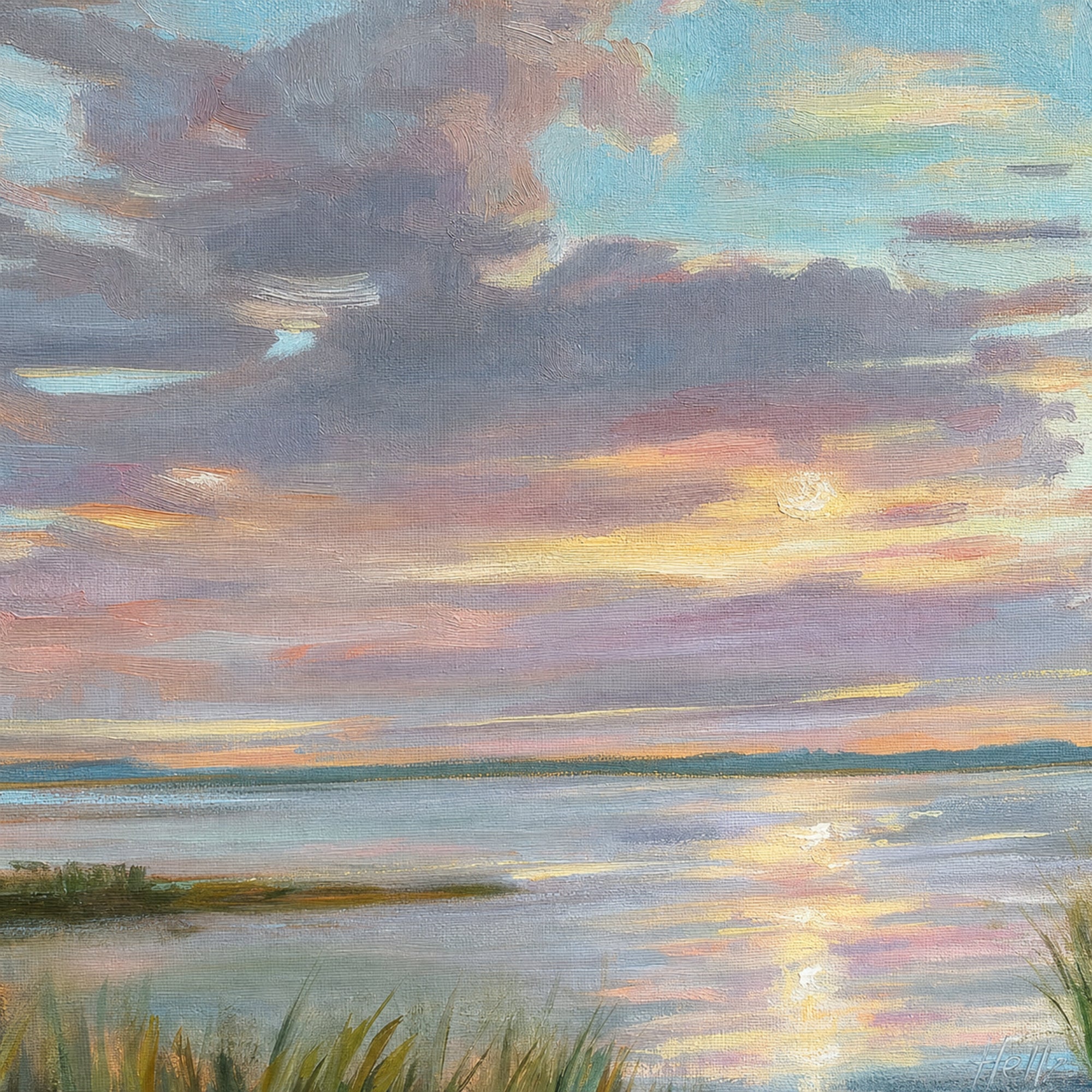 An impressionistic landscape painting of a lake or river at sunset, with dramatic clouds in blue, purple, and pink tones, a glowing sun near the horizon, reflective water, distant landforms, and grasses in the foreground.