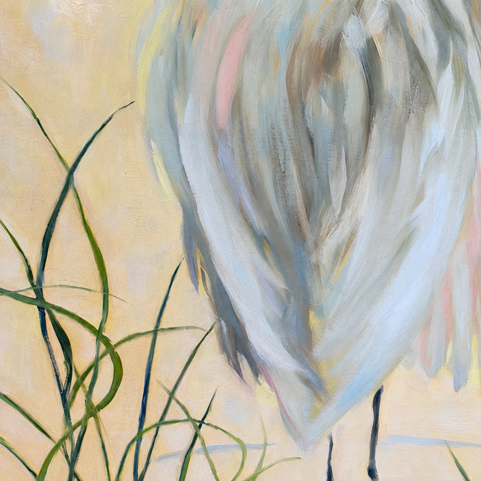 An abstract painting of a white bird with soft gray, blue, and pink feather details, standing among green and dark blue grass against a warm beige background.