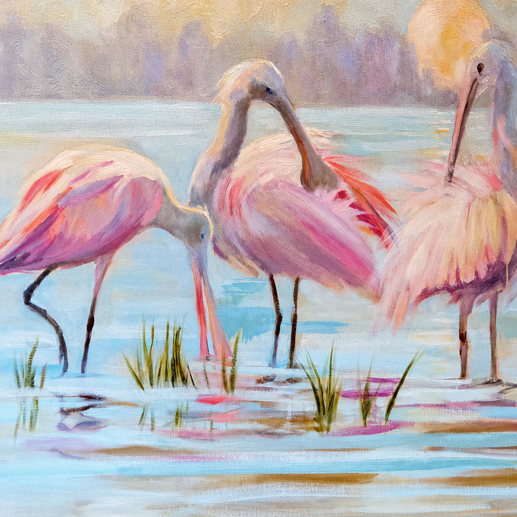 A painted scene of three pink spoonbills  standing in shallow water at  wetland, with soft pastel tones and a hazy shoreline in the background.