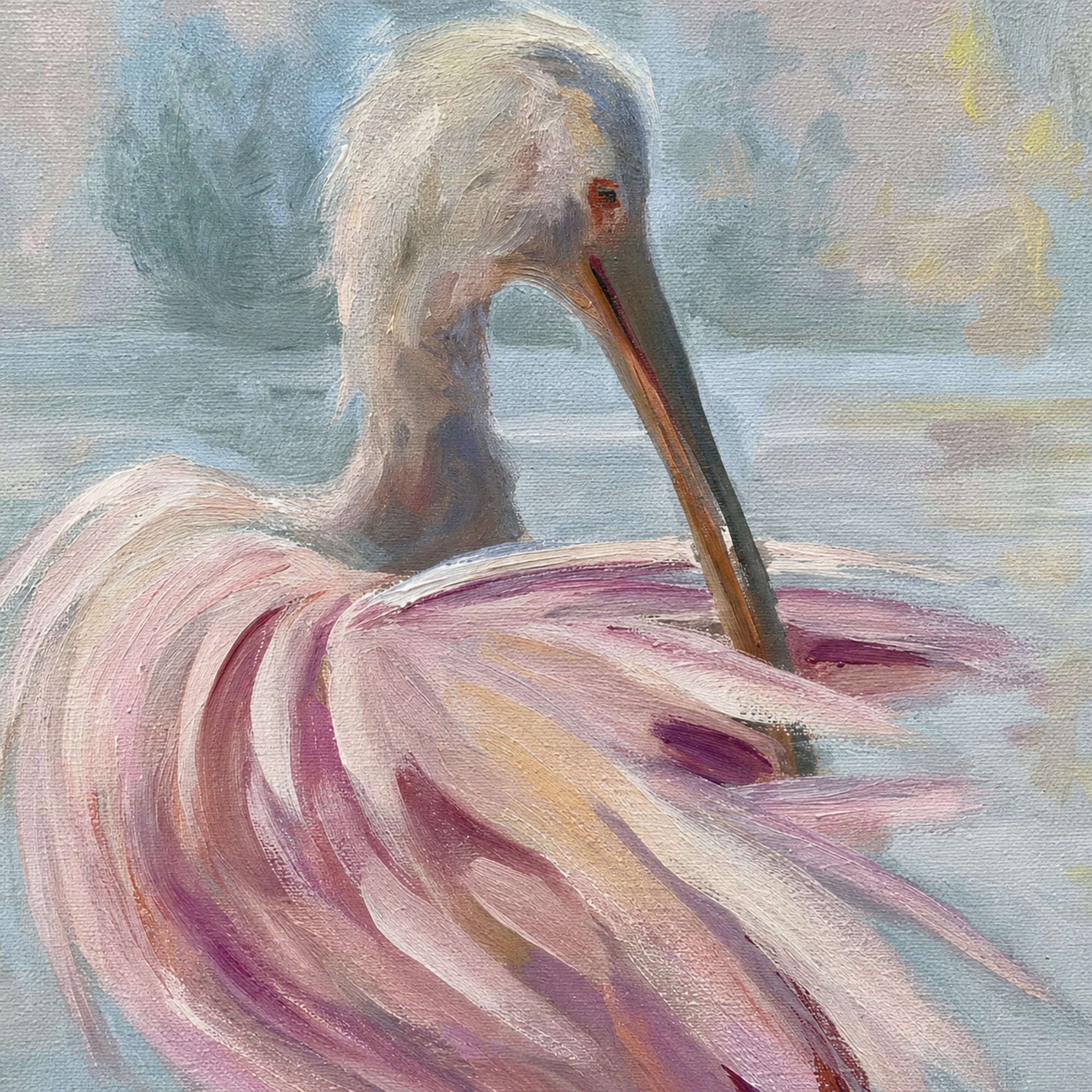 An impressionistic painting of a pink spoonbill in soft pastel tones, with visible brushstrokes and a muted blue-gray background.