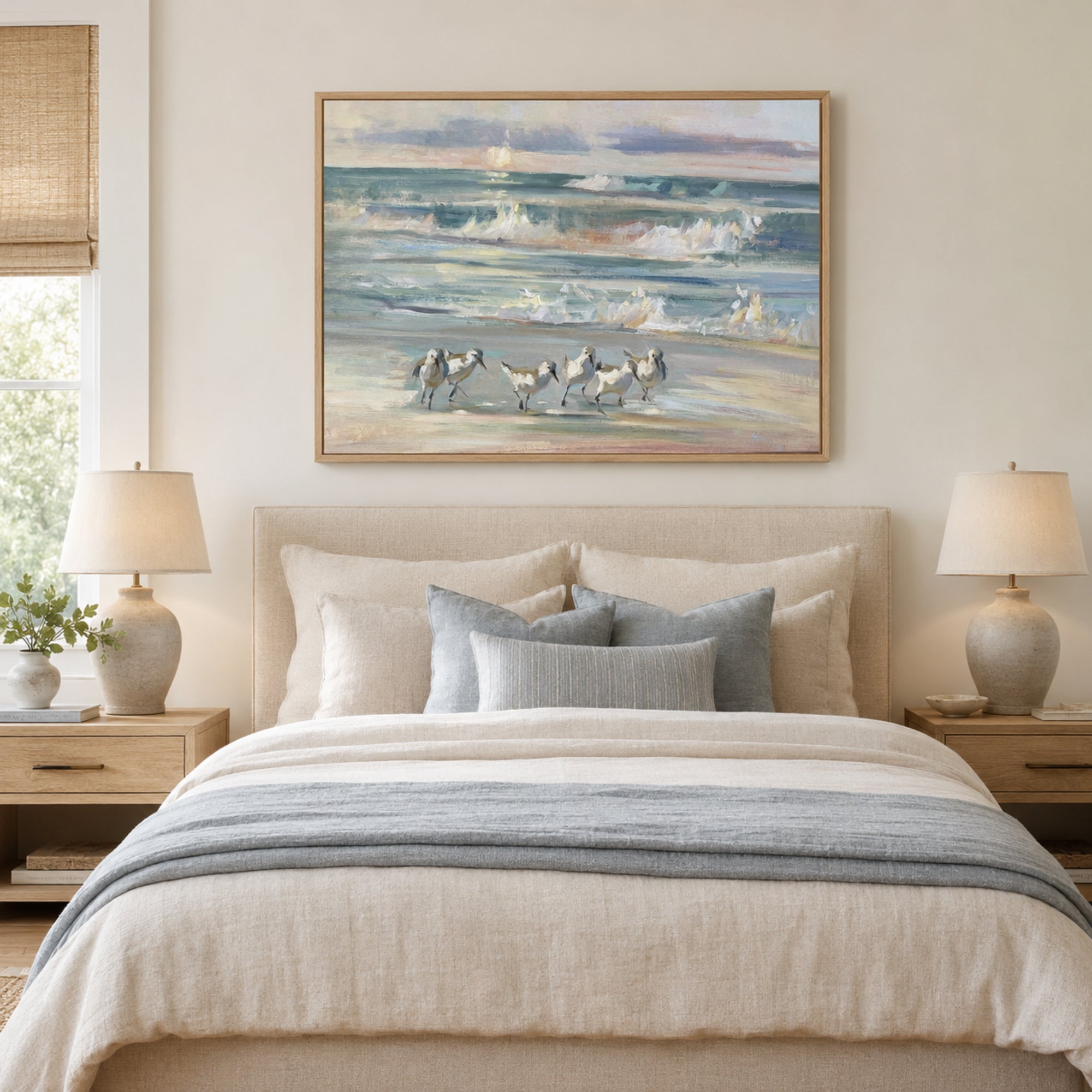 A framed beach painting hangs above a neatly made bed in a softly styled bedroom. The artwork shows white surf waves and small white birds on a pale sandy shore, with a light wood frame.