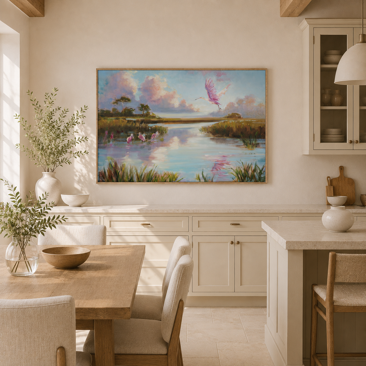 Horizontal coastal bird artwork styled in a refined kitchen
