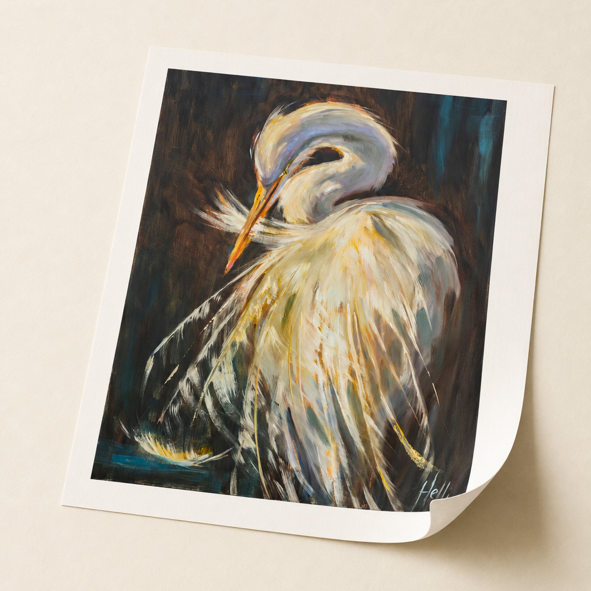 A square art print featuring an expressive painting of a white egret with a yellow-orange beak, shown on a light beige background with one corner curled over.