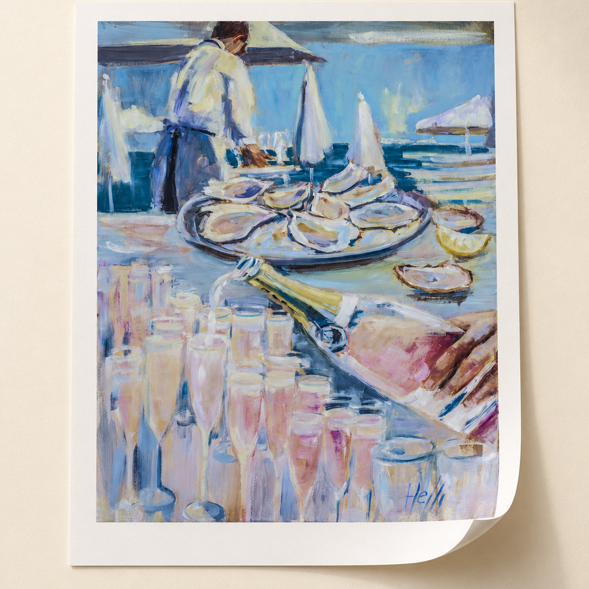A vertical art print or postcard featuring an impressionist painting of an oyster bar scene, shown against a plain beige background. The artwork depicts a waiter serving oysters on a platter, with champagne flutes, a bottle of champagne, umbrellas, and a blue sky in the background.