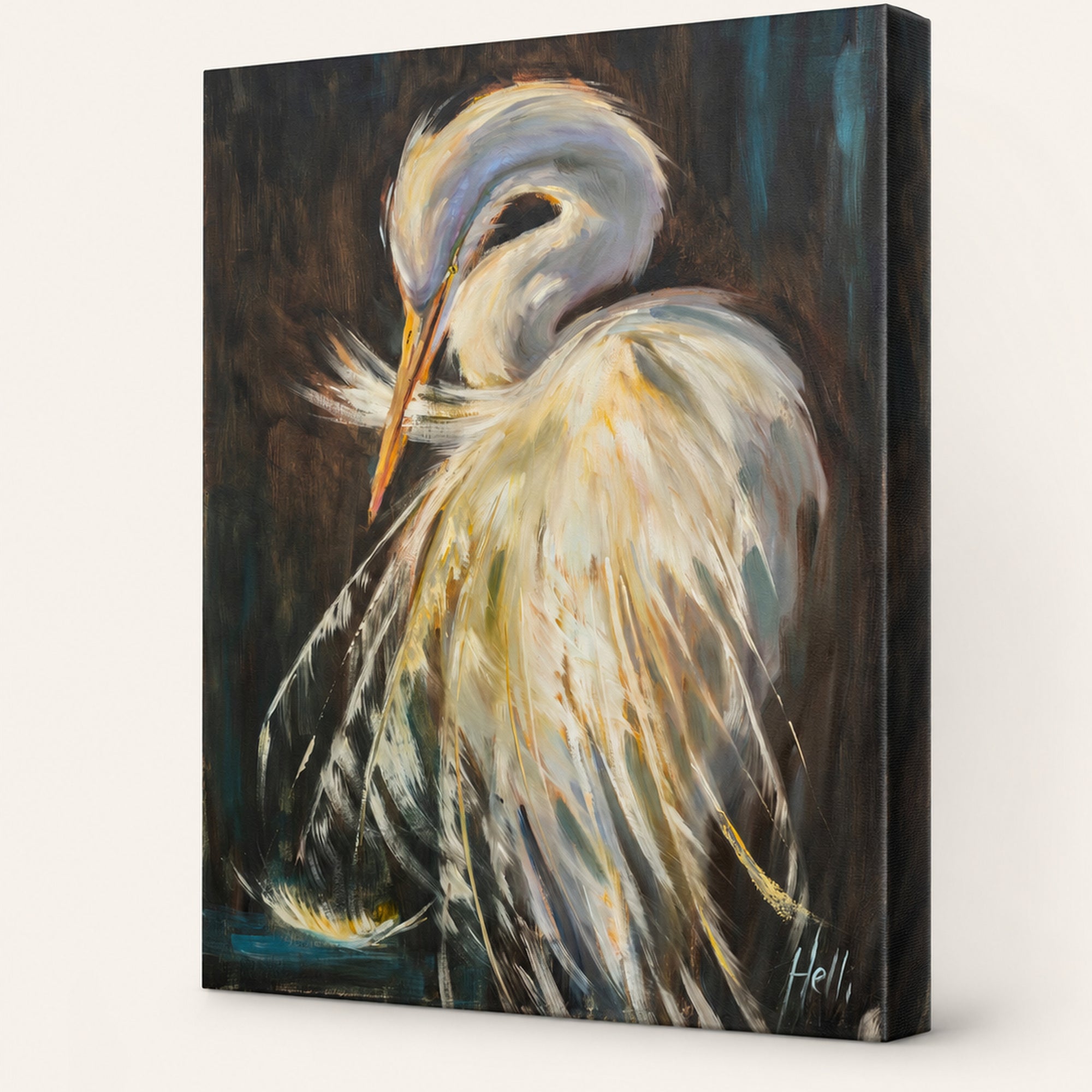 A square canvas wall art print depicting an egret or heron with white and gray feathers, a yellow-orange beak, and dark blue-black background brushstrokes. The canvas is shown at an angle against a light neutral wall.
