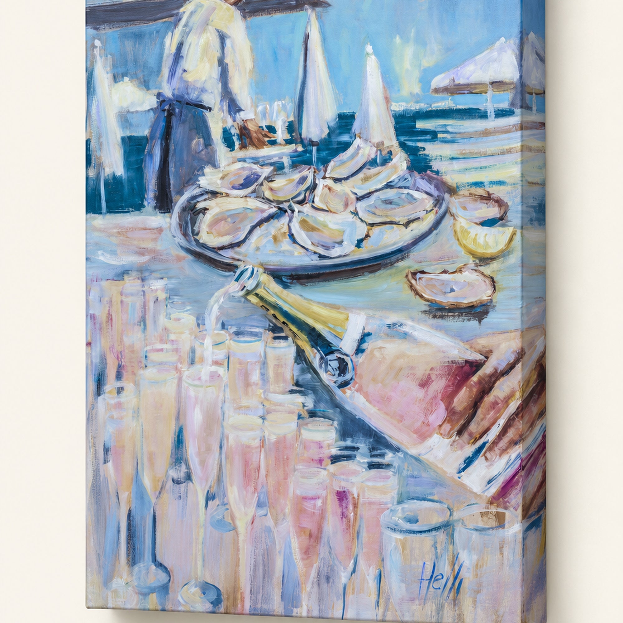 A square canvas painting depicting a beach bar or seaside dining scene with oysters on a plate, champagne bottles, and many champagne flutes, shown against a light neutral background.