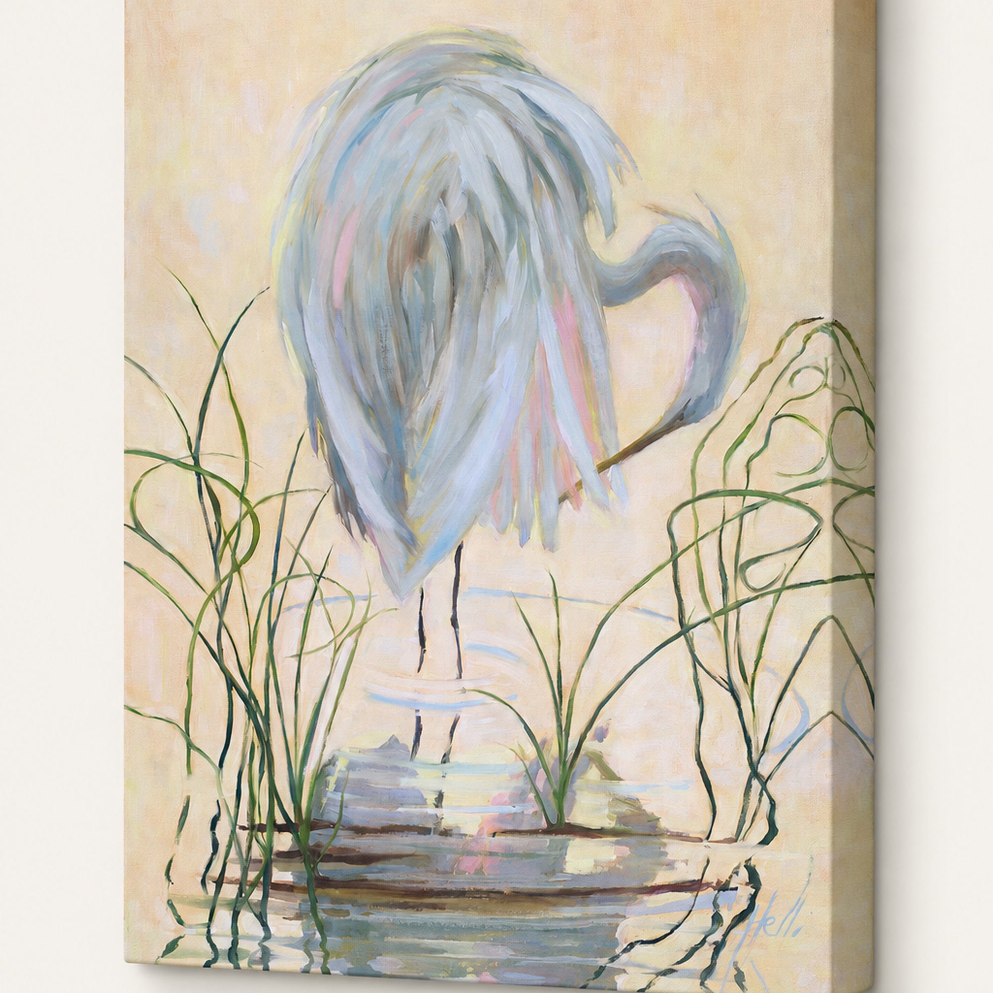 A vertical canvas painting of a white heron standing in shallow water among green reeds, with a soft beige background and painted reflections below.
