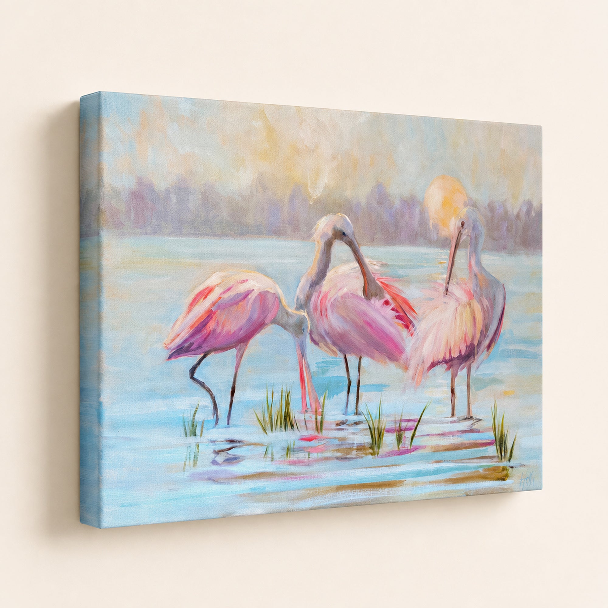 A square gallery-wrapped canvas print featuring a pastel painting of three pink spoonbills standing in shallow water, shown hanging on a light beige wall.