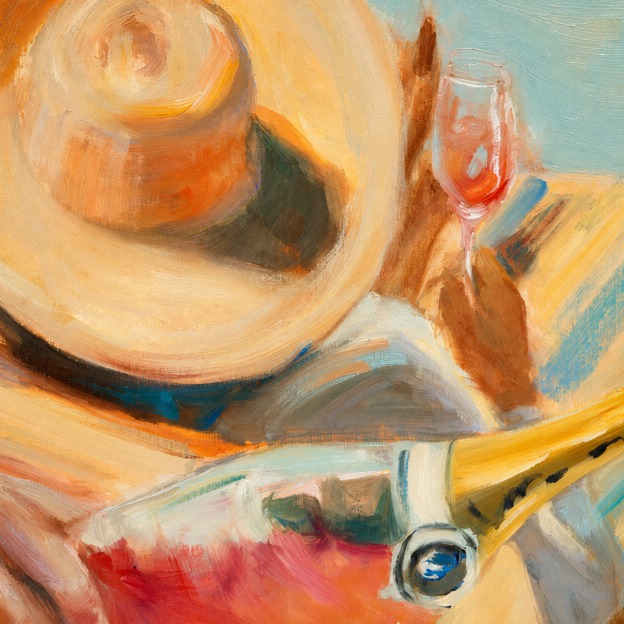 Close-up of expressive champagne and oyster brushwork in Beach Party
