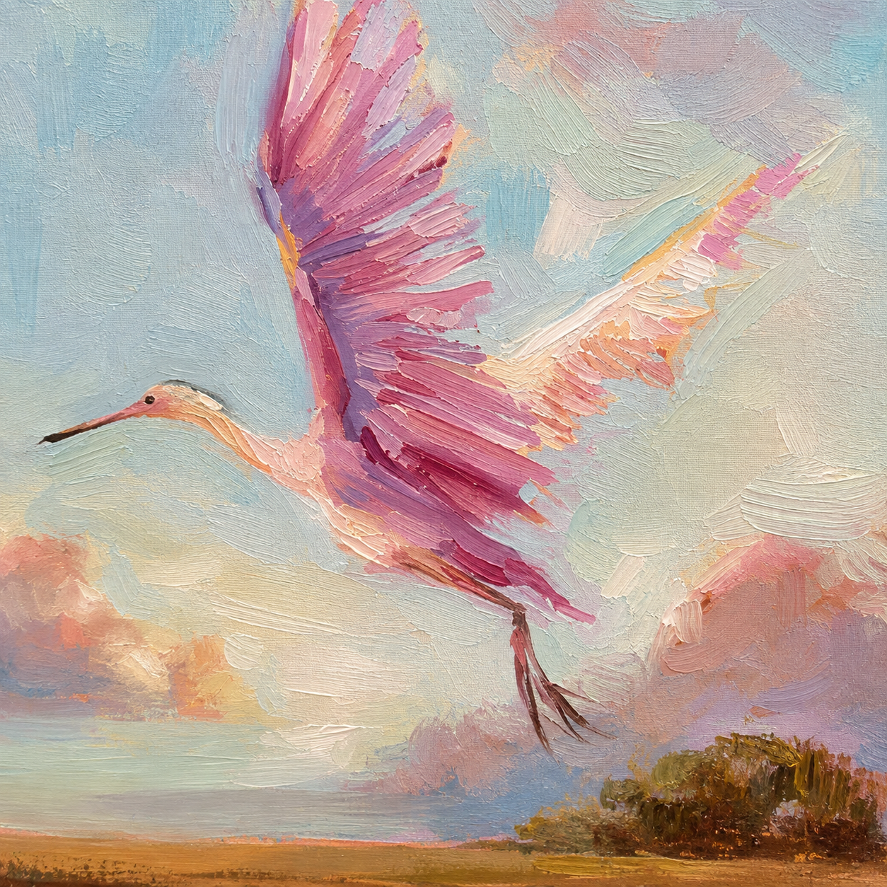Close-up of expressive pink spoonbill brushwork in Join The Party
