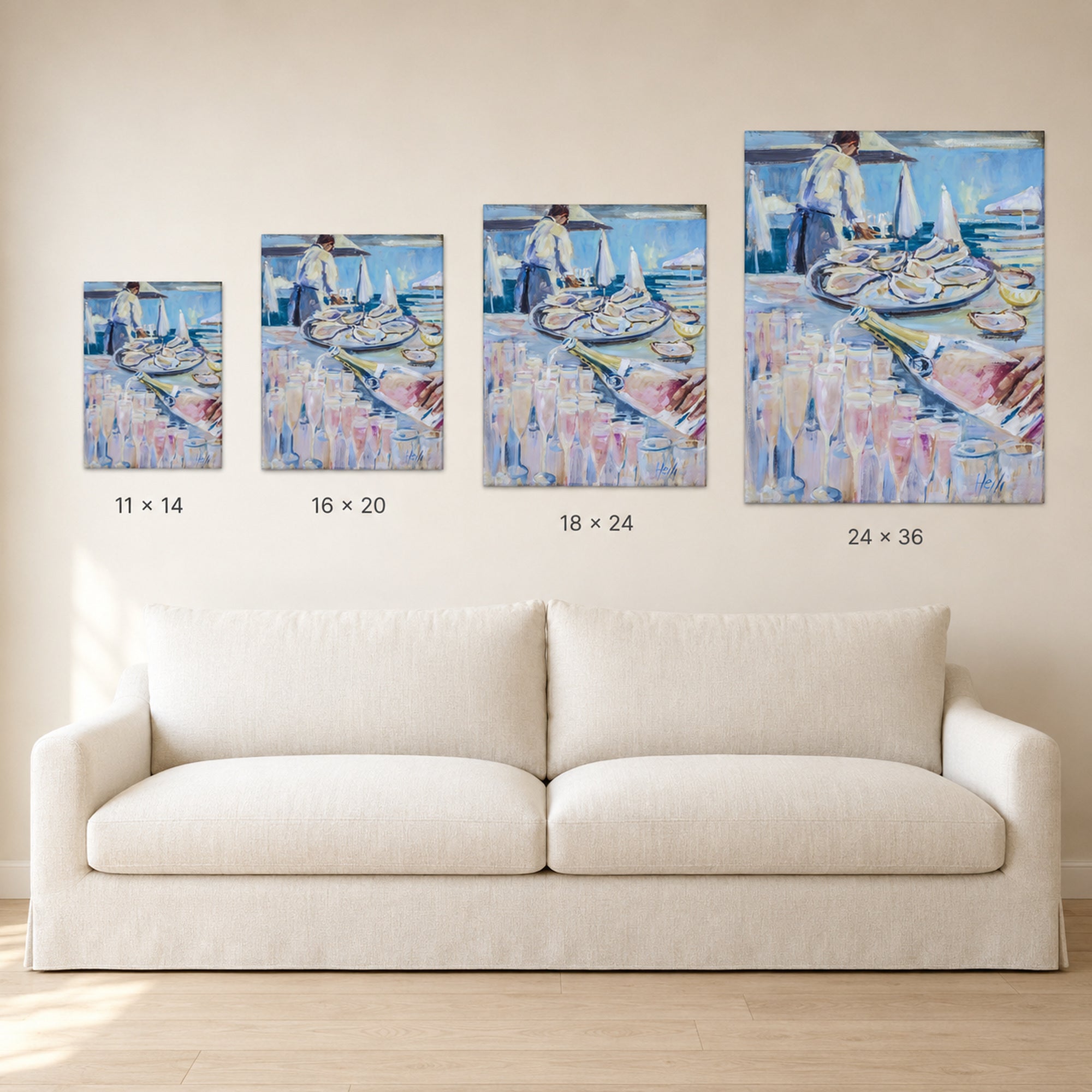 Four framed paintings of a market scene with people and boats, displayed in a row above a white sofa on a beige wall. Text below each painting shows the dimensions: 11 x 14, 16 x 20, 18 x 24, and 24 x 36.