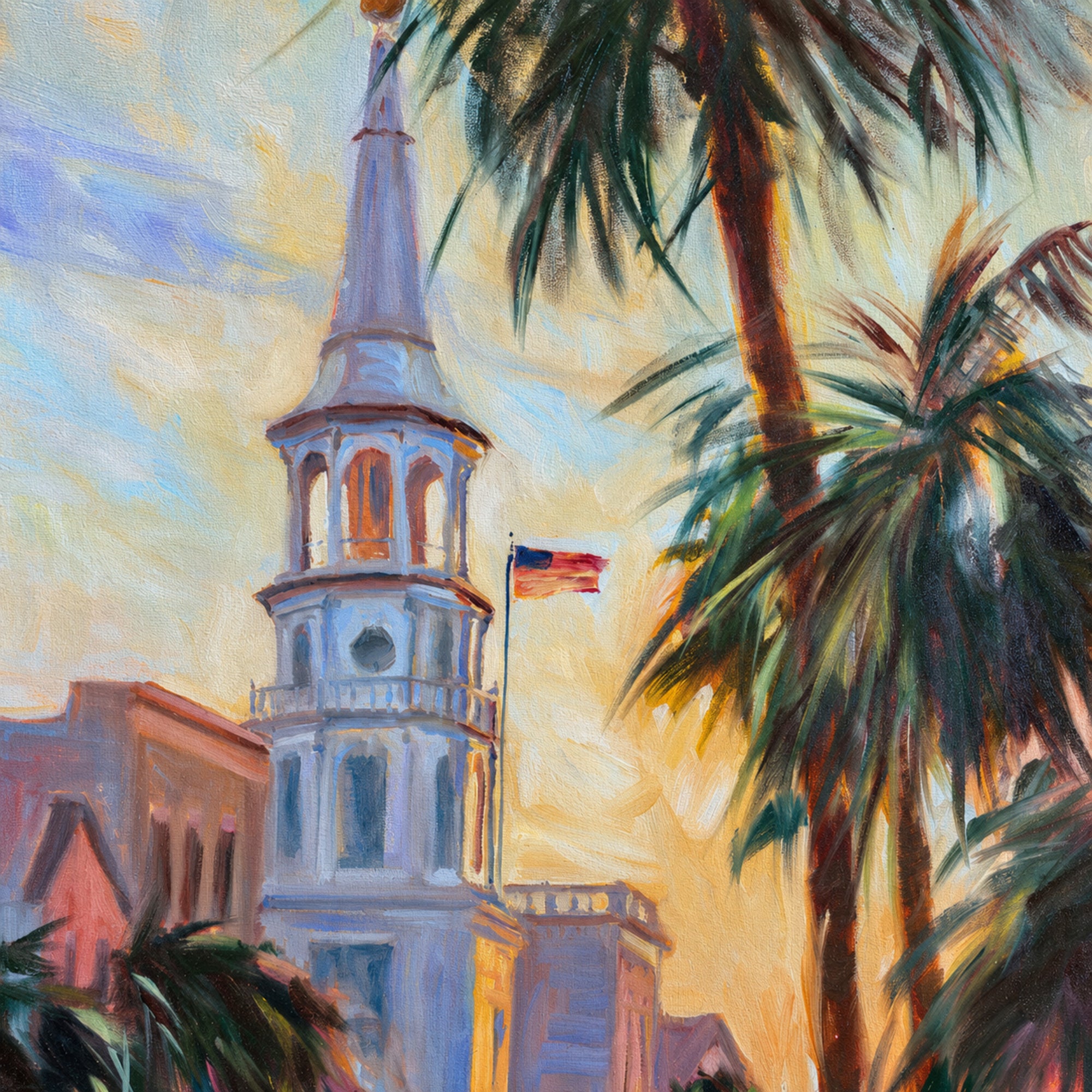 An impressionistic painting of a white steeple church tower with a flagpole and American flag, framed by tall palm trees against a warm yellow and blue sky.
